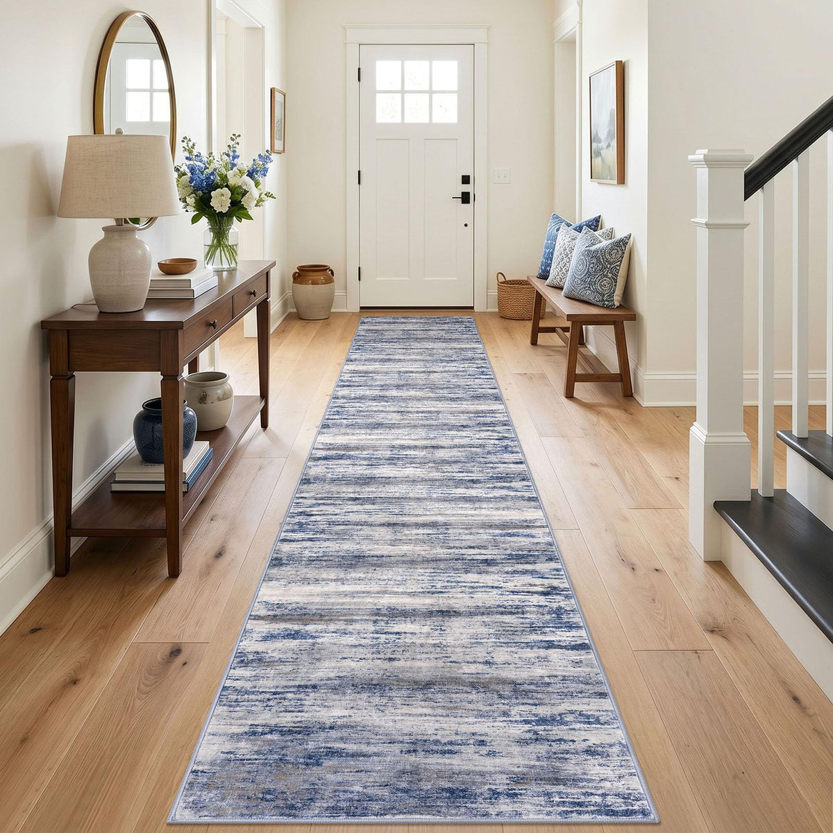 KOZYFLY Abstract Entryway Rug 2x3 Washable Door Mat Indoor Blue Beige
