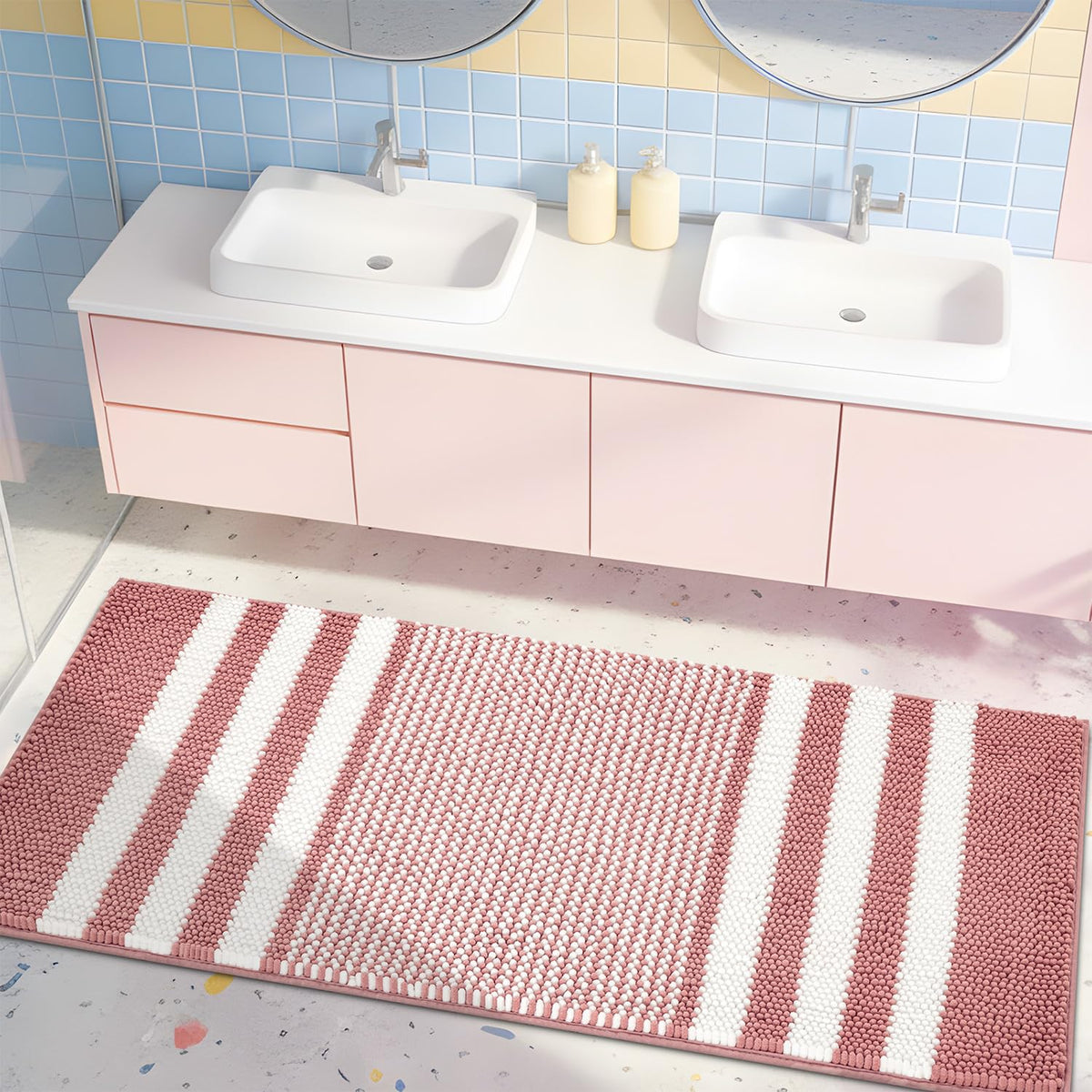 BSICPRO Bathroom Rugs Sets 2 Piece, Non Slip Striped Bath Mats, Sage