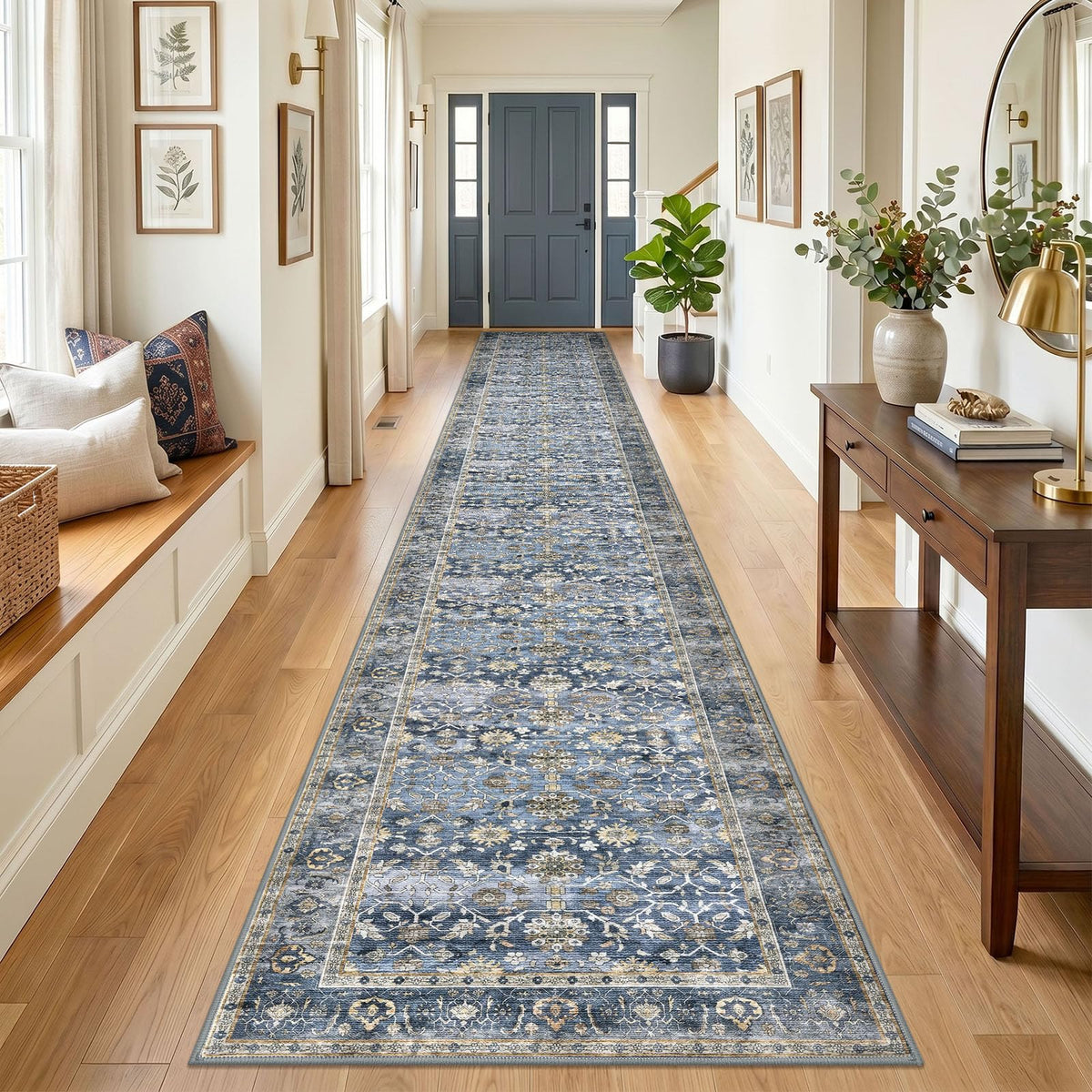 KUTA Vintage Floral Washable 2x3 Rugs for Entryway Blue Grey Beige
