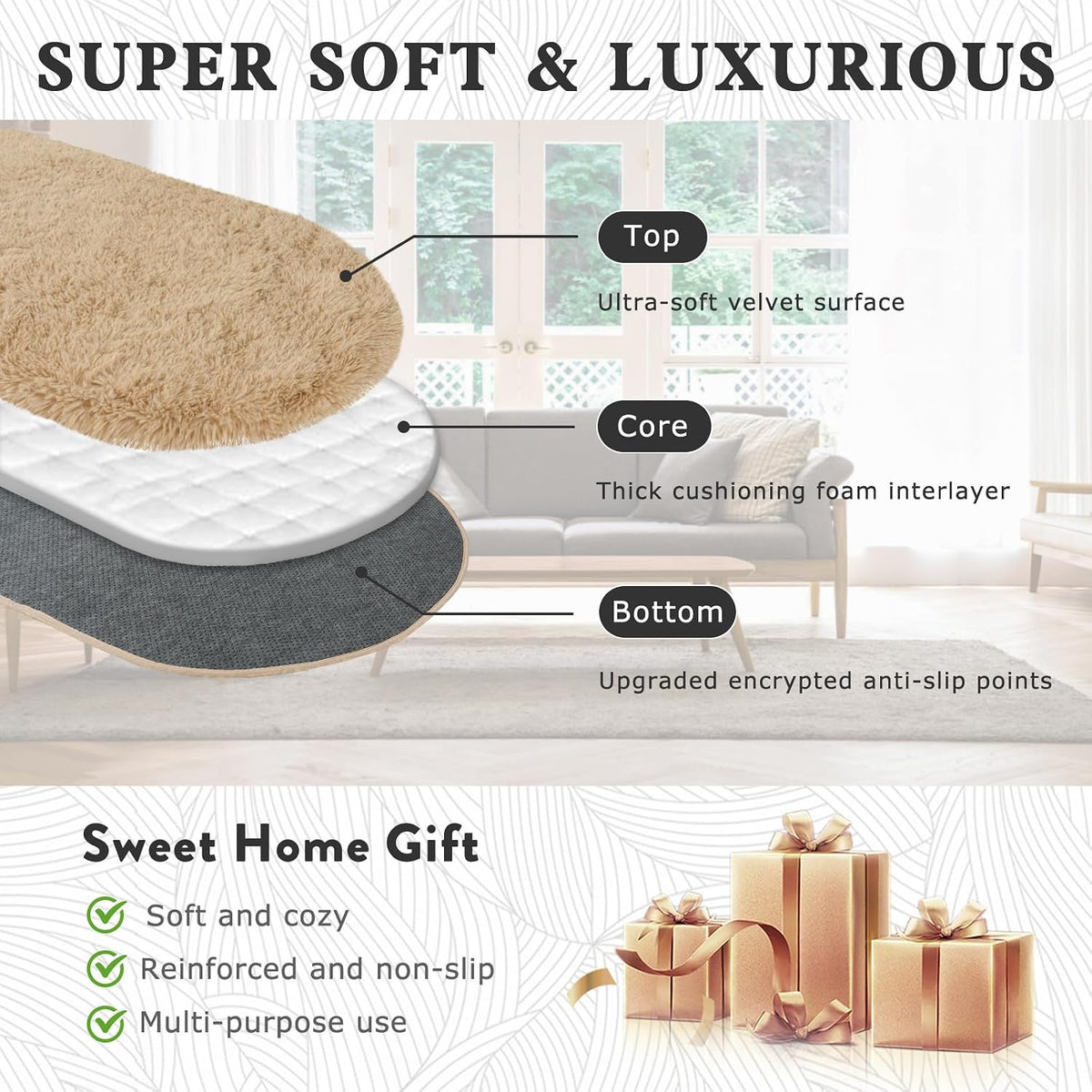 Soft Oval Beige Fluffy Rugs for Bedroom Washable Non-Slip, Set of 2