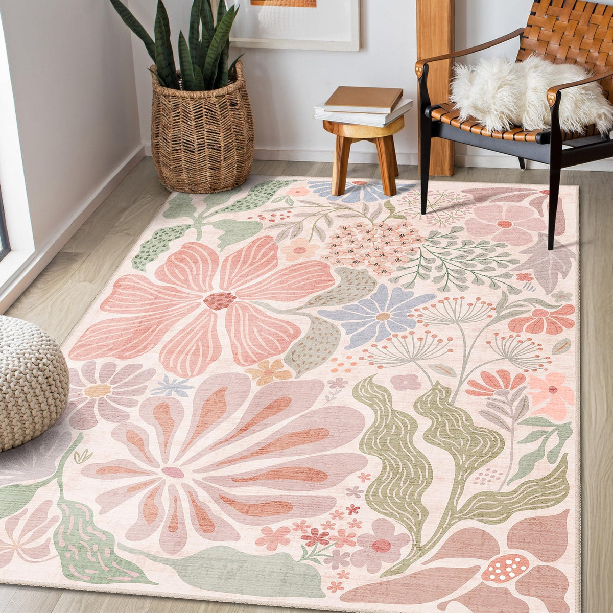 MUJOO Pink Washable 2x6 Runner Rugs Floral Area Rugs Non Slip Low-Pile