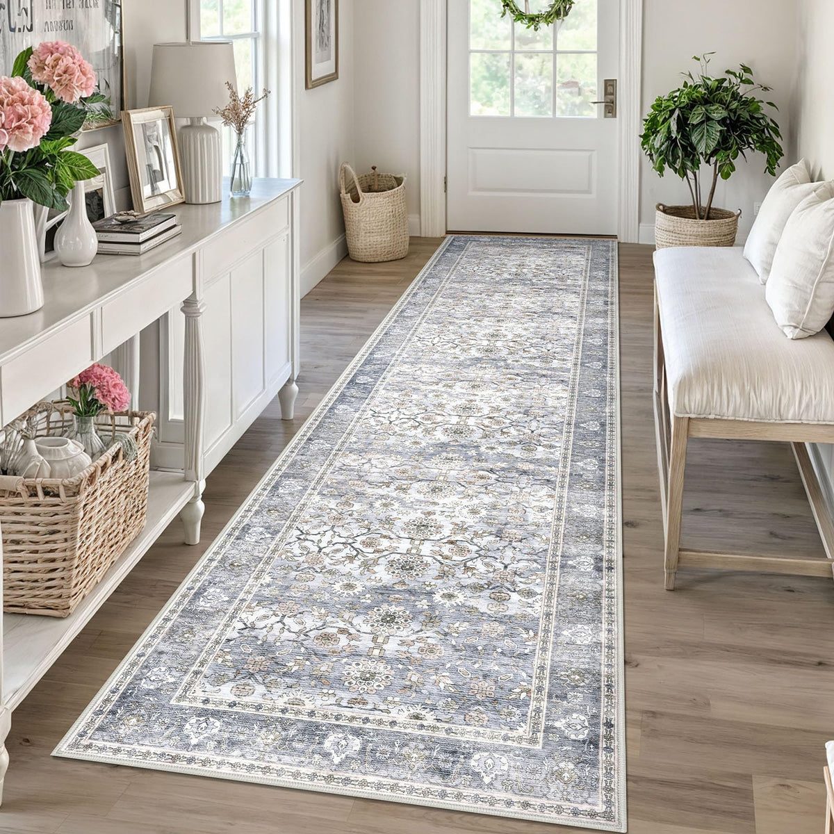 KUTA Vintage Floral Washable 2x3 Rugs for Entryway Blue Grey Beige