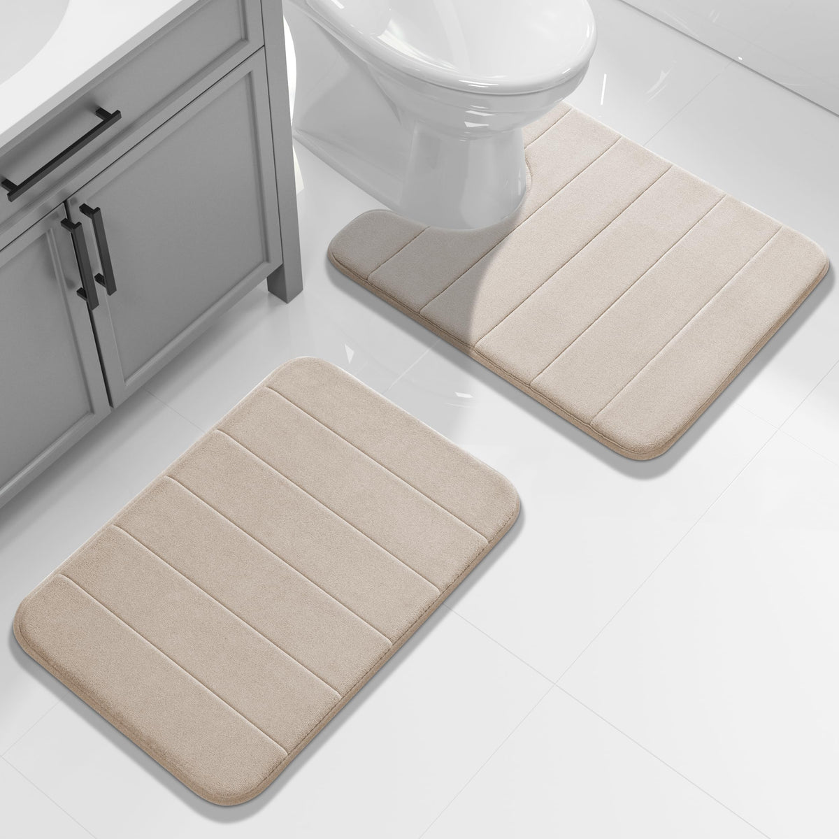 Yimobra Memory Foam Bathroom Rugs Sets 2 Piece - Super Soft Absorbent Quick Dry Bath Mat Set, Machine Washable Non Slip Floor Carpet for Tub Shower & Single Sink (17x24 & 31.5x20 Inch, Gray)