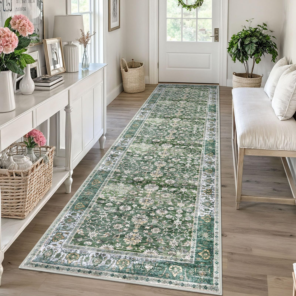 KUTA Vintage Floral Washable 2x3 Rugs for Entryway Blue Grey Beige