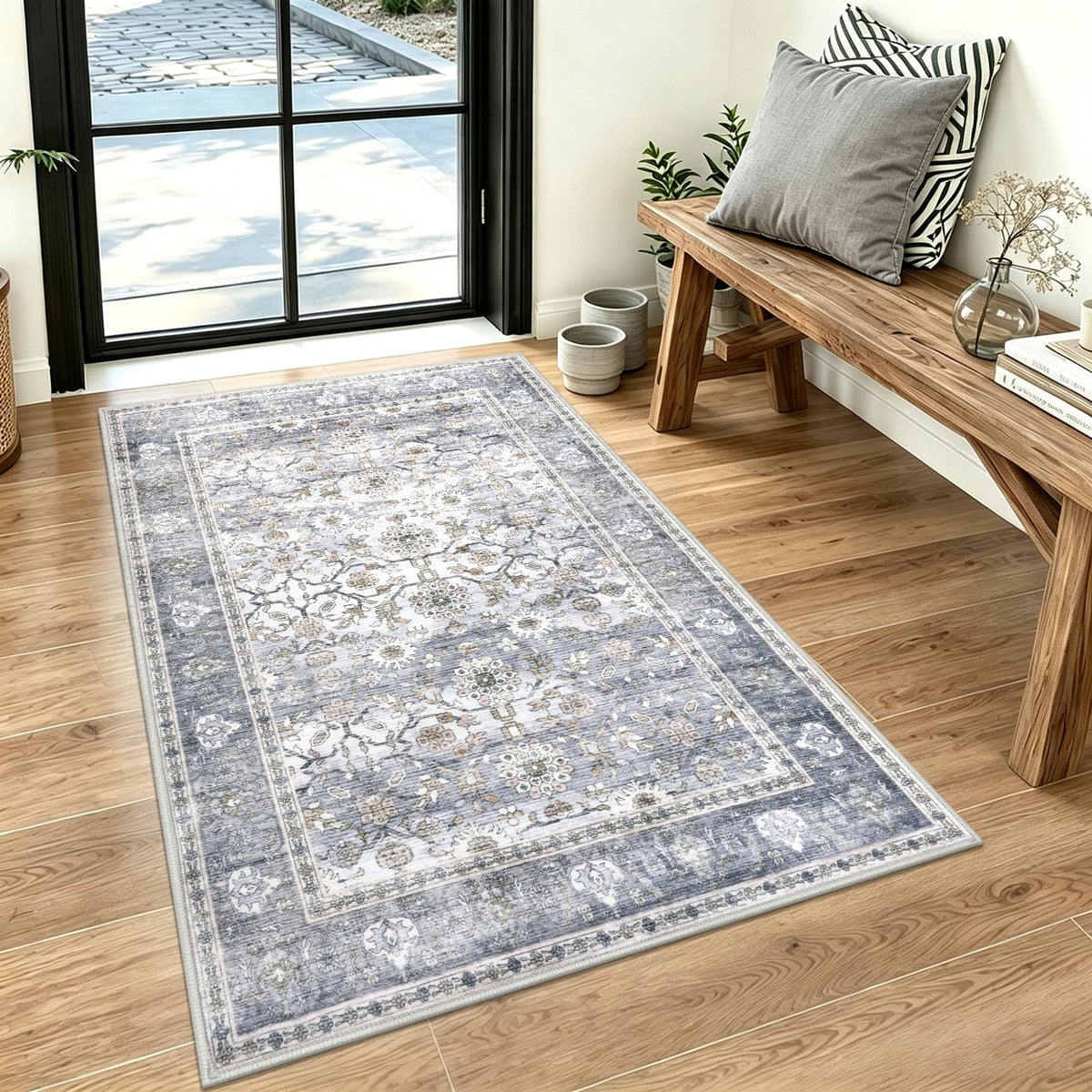 KUTA Vintage Floral Washable 2x3 Rugs for Entryway Blue Grey Beige