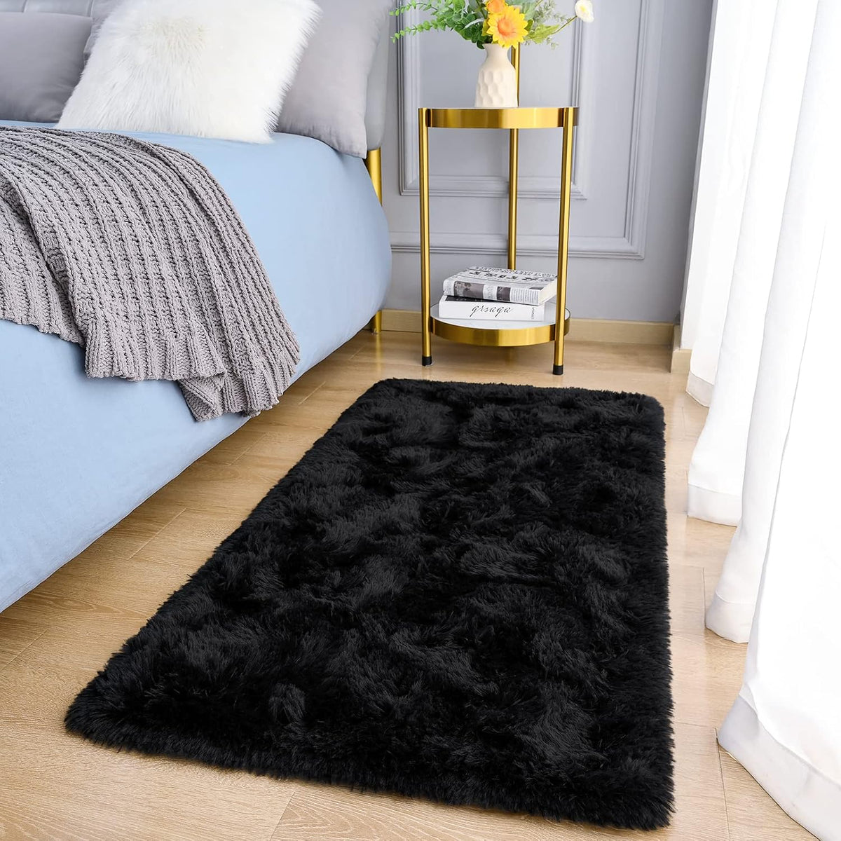 Amearea Shag Fluffy Small Rug, 2x4 Throw Rugs for Bedroom Girls, Black