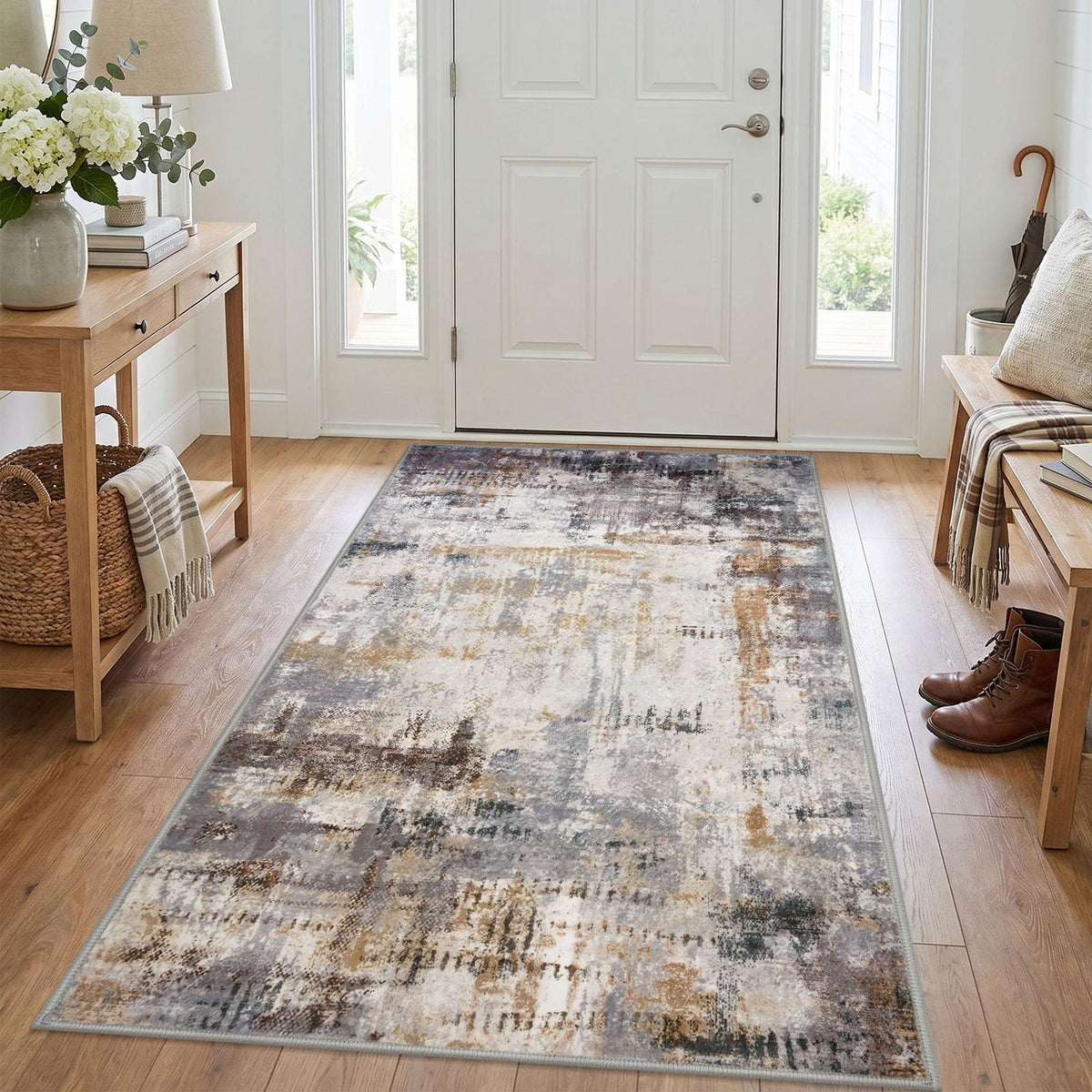 KOZYFLY Abstract Entryway Rug 2x3 Washable Door Mat Indoor Blue Beige