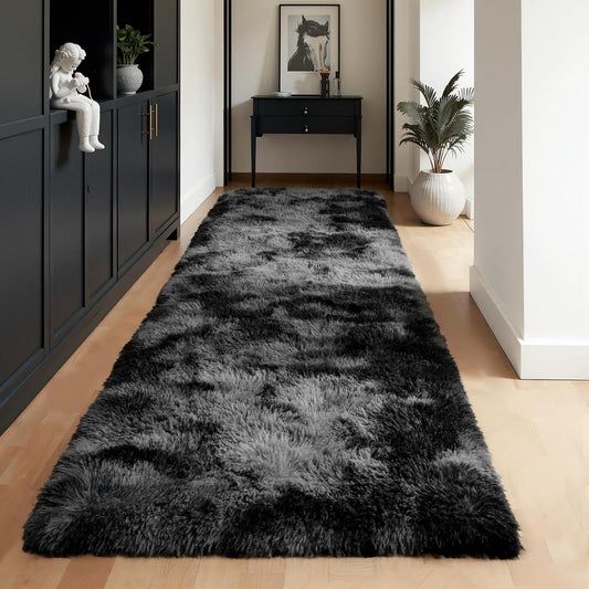 Zentavio 2x6 Runner Rugs for Hallway Shag Soft Bedroom Bedside Rugs Non Slip Fluffy Carpet for Kids Girls Boys Home Decor Aesthetic Dorm Nursery Tie-Dyed Black Grey