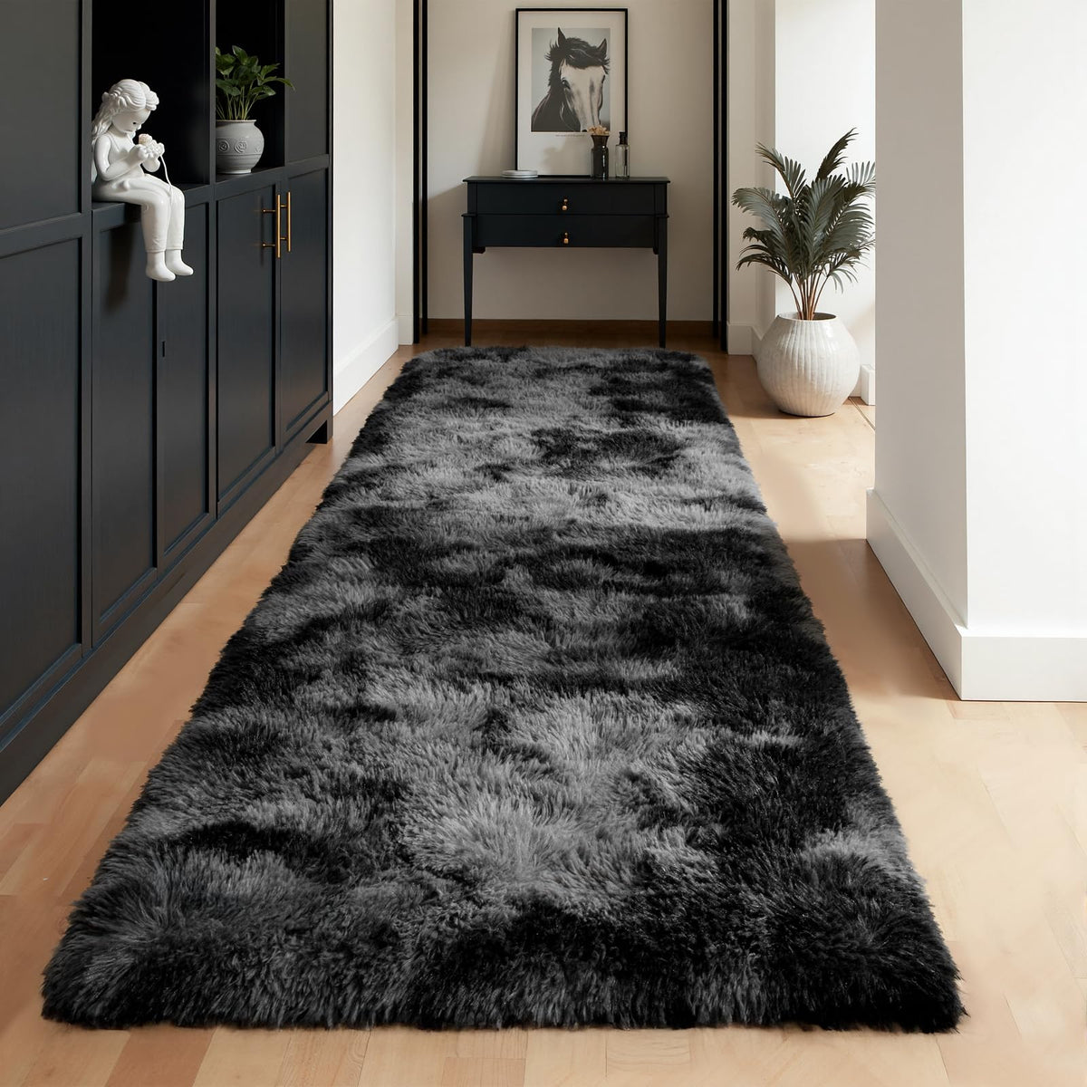 Zentavio 2x6 Runner Rugs for Hallway Shag Soft Bedroom Bedside Rugs Non Slip Fluffy Carpet for Kids Girls Boys Home Decor Aesthetic Dorm Nursery Tie-Dyed Black Grey