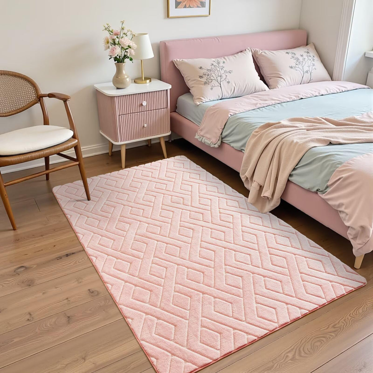Grey Fluffy Area Rug for Bedroom, 3x5 Geometric Shag Rugs
