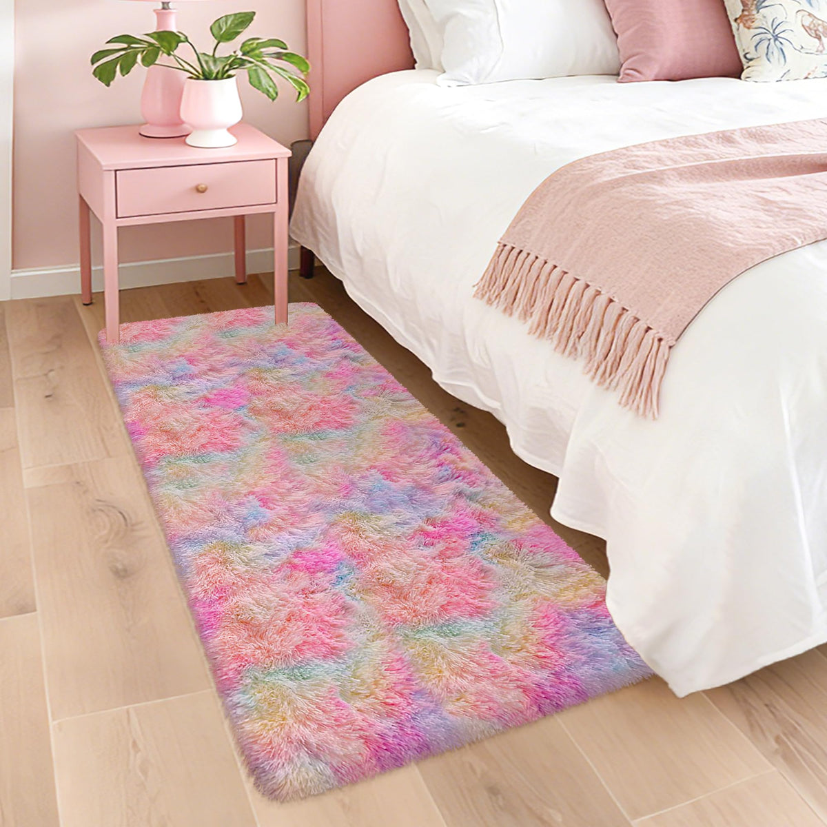 Soft Fluffy Beige Runner Rug for Bedroom, Bedside Long Rug Runner