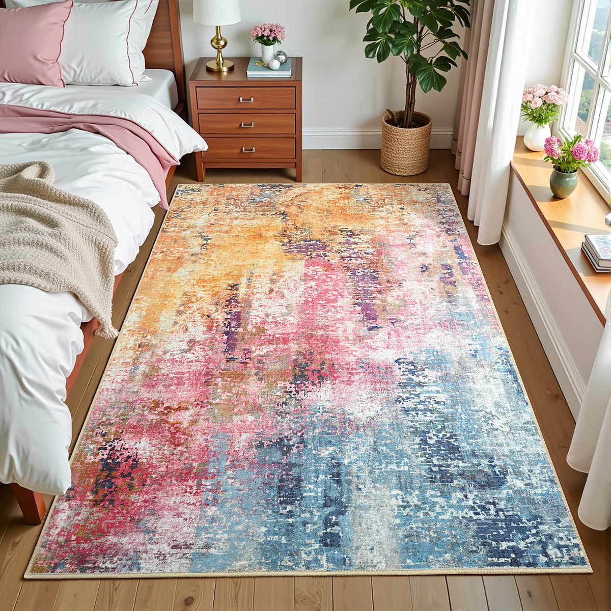 Pink Washable Runner Rug for Bedroom, Abstract Non-Slip Soft Entryway Rugs, Modern Low Pile Stain Resistant 2x6 Carpet for Entryway, Kitchen, Hallway, Bedside