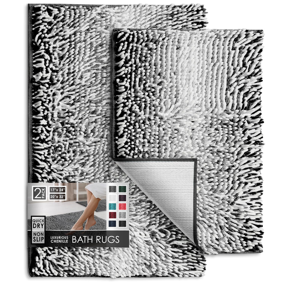 Hearth & Harbor Bathroom Rugs, Chenille Bath Mat - Machine Washable Bath Mats for Bathroom Non-Slip Backing Rubber, Quick Dry Bathroom Mat, 17 x 24 + 20 x 32 - Hunter Green