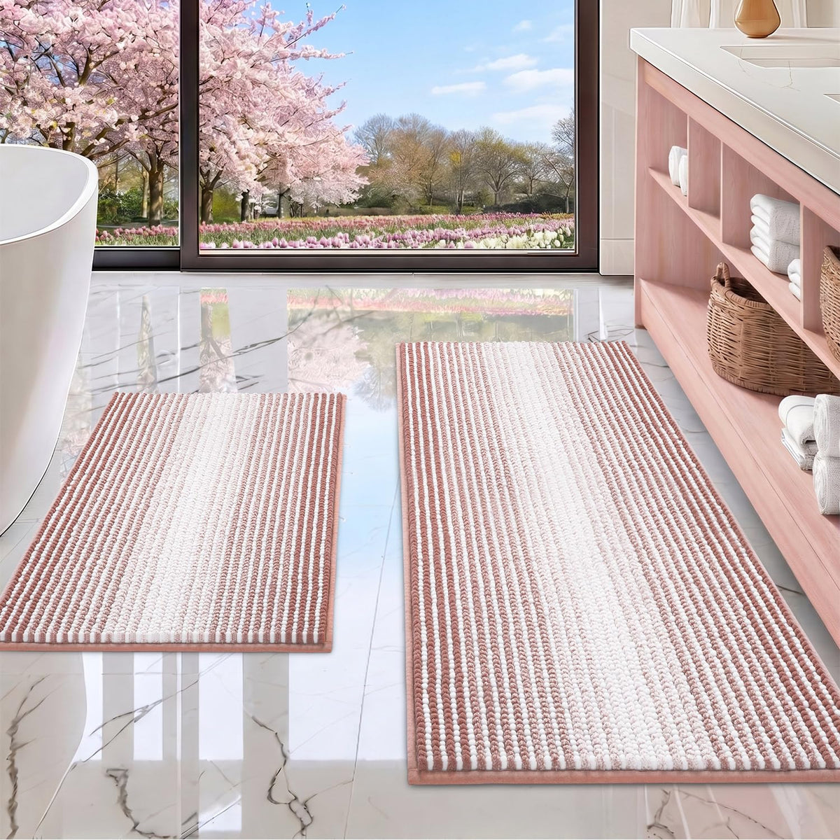 BSICPRO Bathroom Rugs Sets 2 Piece, Non Slip Striped Bath Mats, Sage