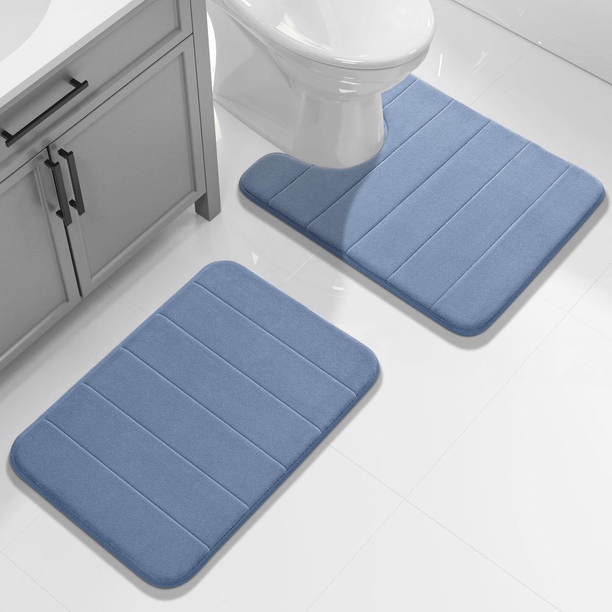 Yimobra Memory Foam Bathroom Rugs Sets 2 Piece - Super Soft Absorbent Quick Dry Bath Mat Set, Machine Washable Non Slip Floor Carpet for Tub Shower & Single Sink (17x24 & 31.5x20 Inch, Gray)