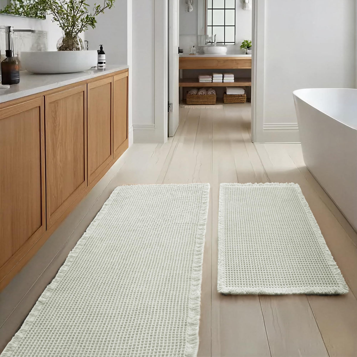 JIUZHEN Set of 2 Waffle Bath Mats Boho Bath Rugs 16"x24"+20"x32", Brown