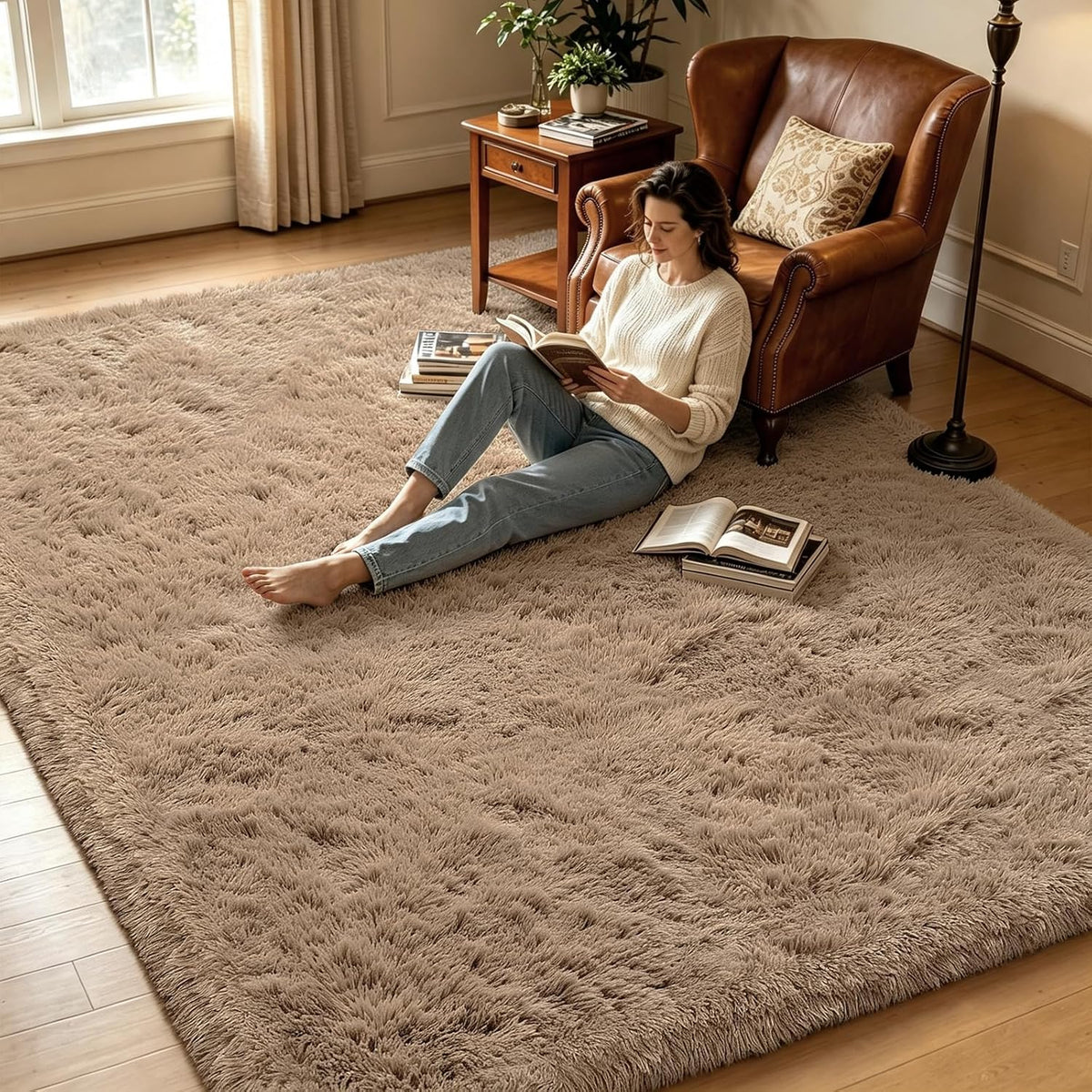 Beige 2x4 Area Rugs for Bedroom, Fluffy Shag Rug Small Rug Bedside Carpet