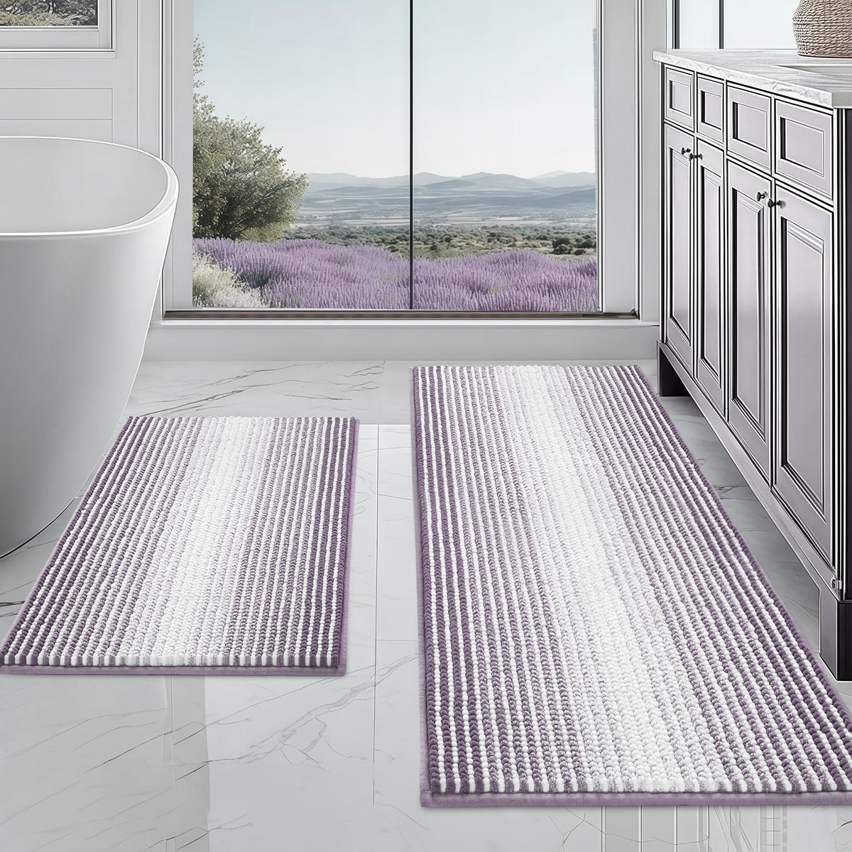 BSICPRO Bathroom Rugs Sets 2 Piece, Non Slip Striped Bath Mats, Sage