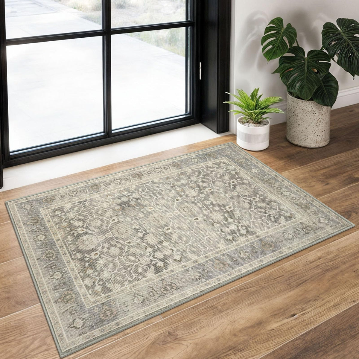 KUTA Vintage Floral Washable 2x3 Rugs for Entryway Blue Grey Beige