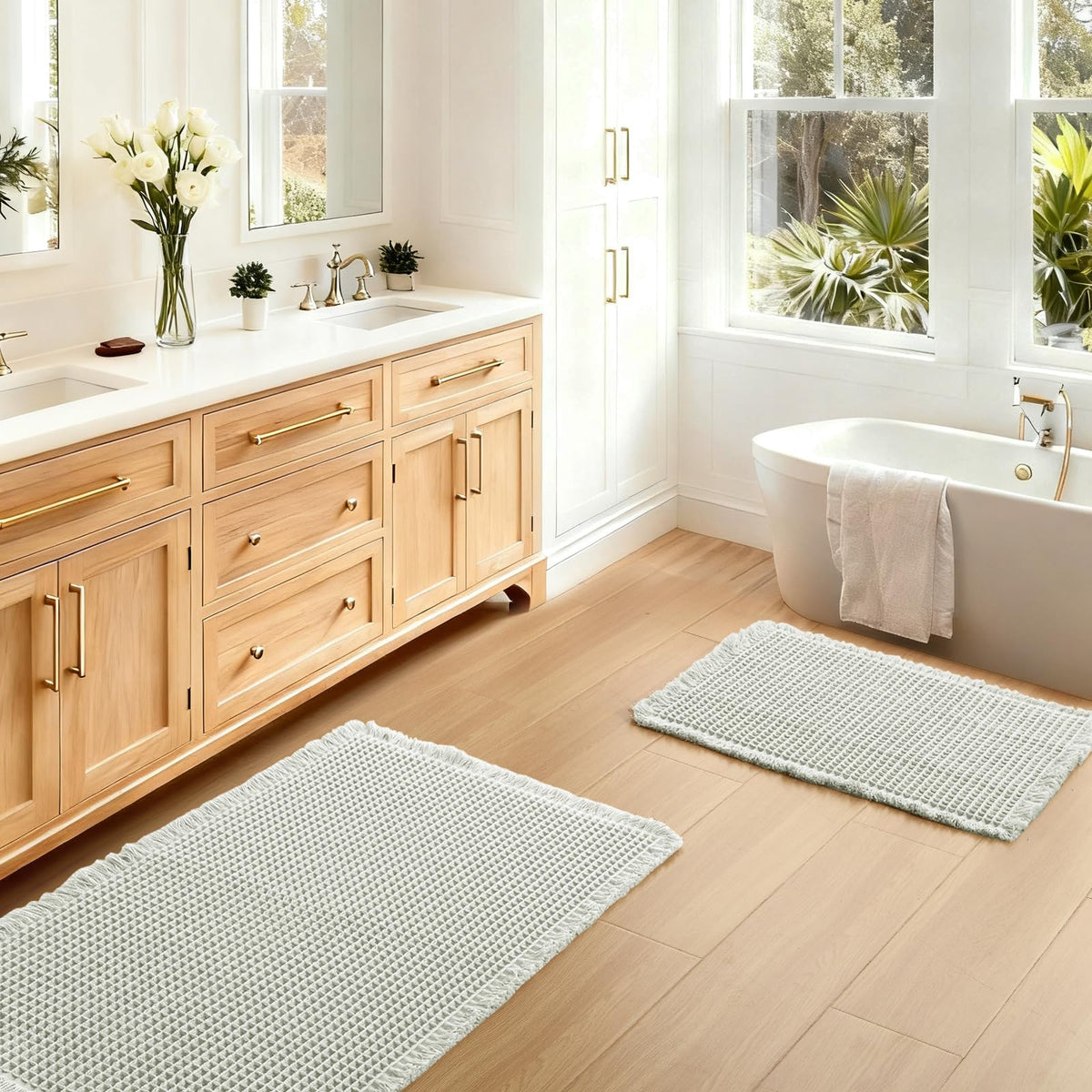 JIUZHEN Set of 2 Waffle Bath Mats Boho Bath Rugs 16"x24"+20"x32", Brown