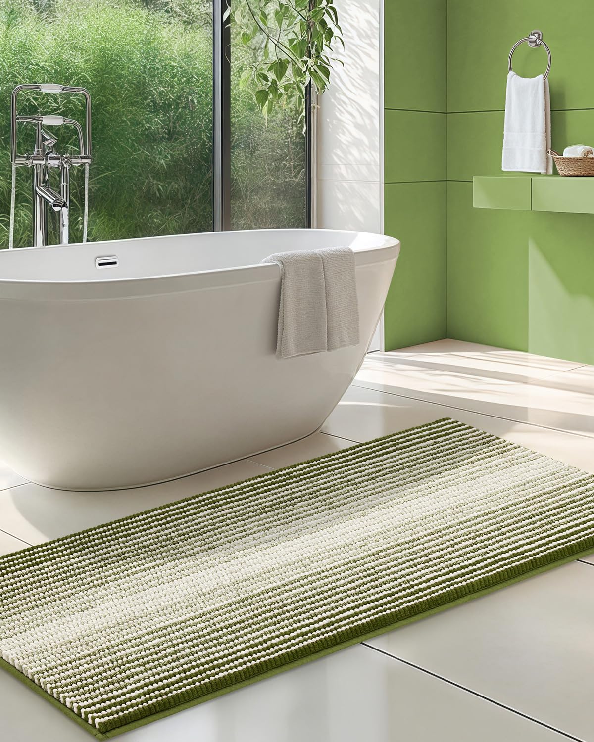 BSICPRO Bathroom Rugs Sets 2 Piece, Non Slip Striped Bath Mats, Sage