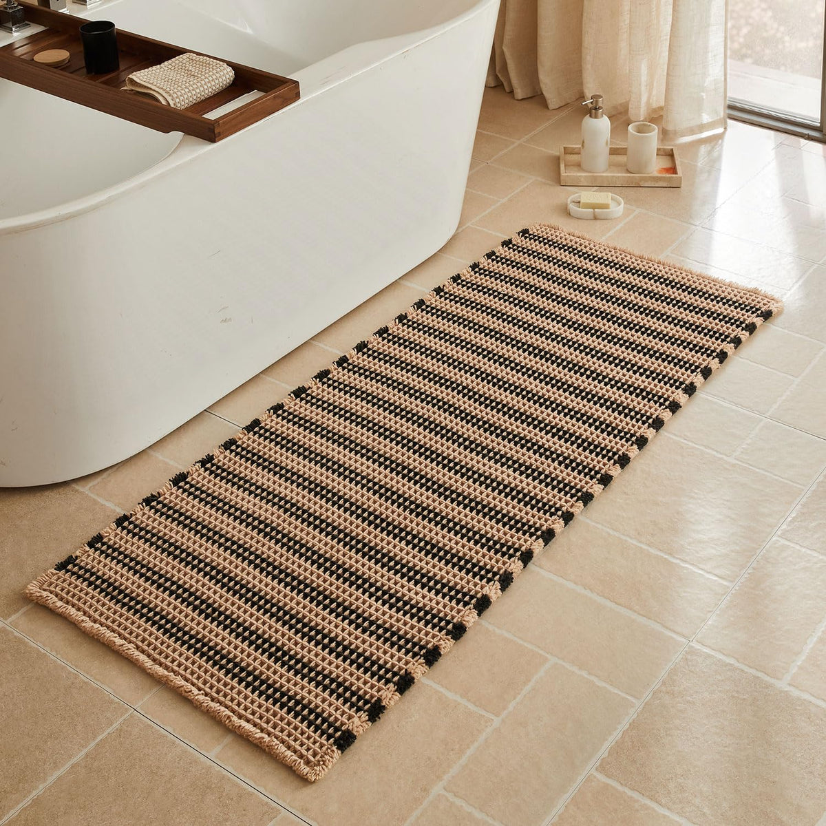 Triohero Waffle Bath Mat, Small Boho Bathroom Rugs Non Slip, 16x24 Khaki