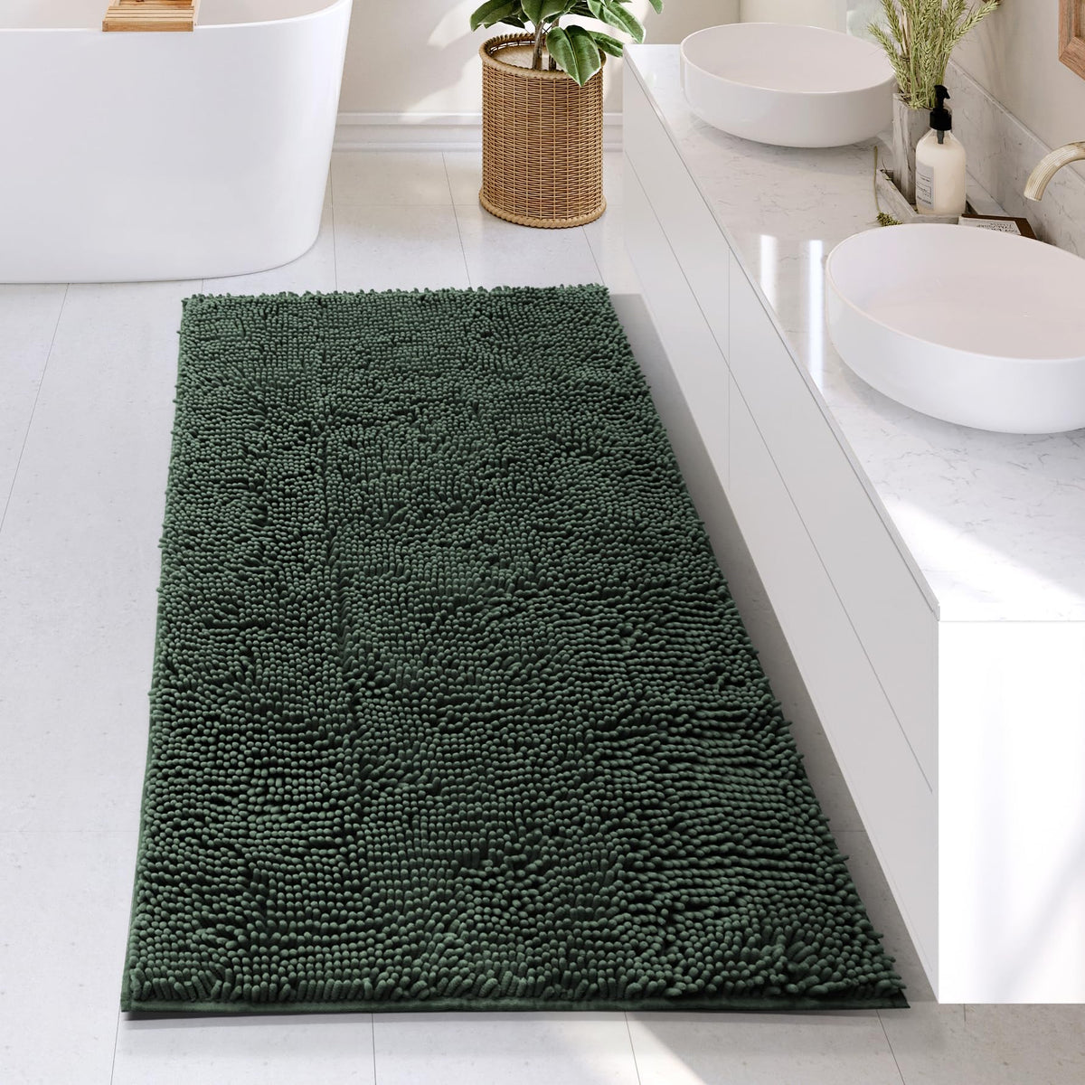 Hearth & Harbor Bathroom Rugs, Chenille Bath Mat - Machine Washable Bath Mats for Bathroom Non-Slip Backing Rubber, Quick Dry Bathroom Mat, 17 x 24 + 20 x 32 - Hunter Green