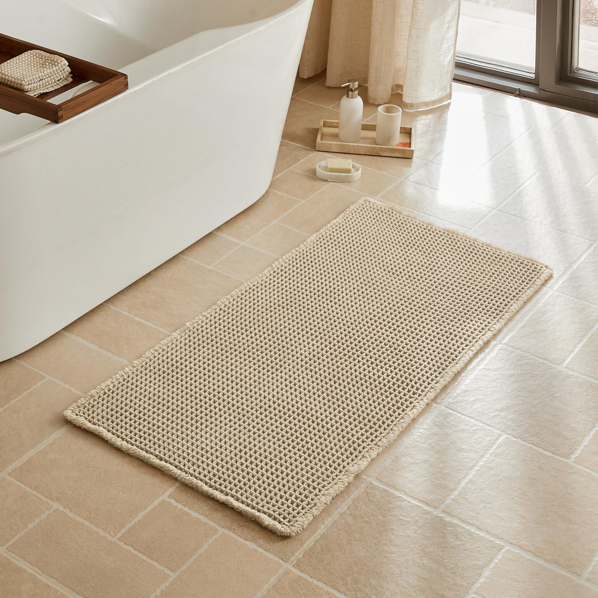 Triohero Waffle Bath Mat, Small Boho Bathroom Rugs Non Slip, 16x24 Khaki