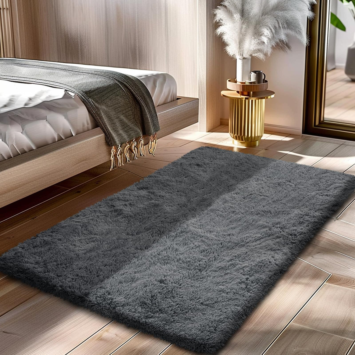 Beige 2x4 Area Rugs for Bedroom, Fluffy Shag Rug Small Rug Bedside Carpet