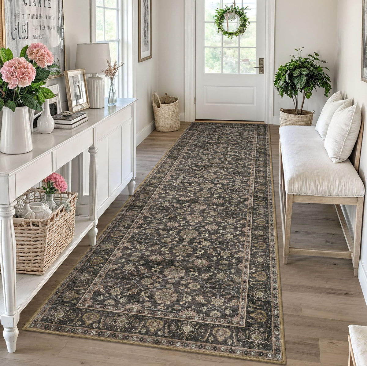 KUTA Vintage Floral Washable 2x3 Rugs for Entryway Blue Grey Beige