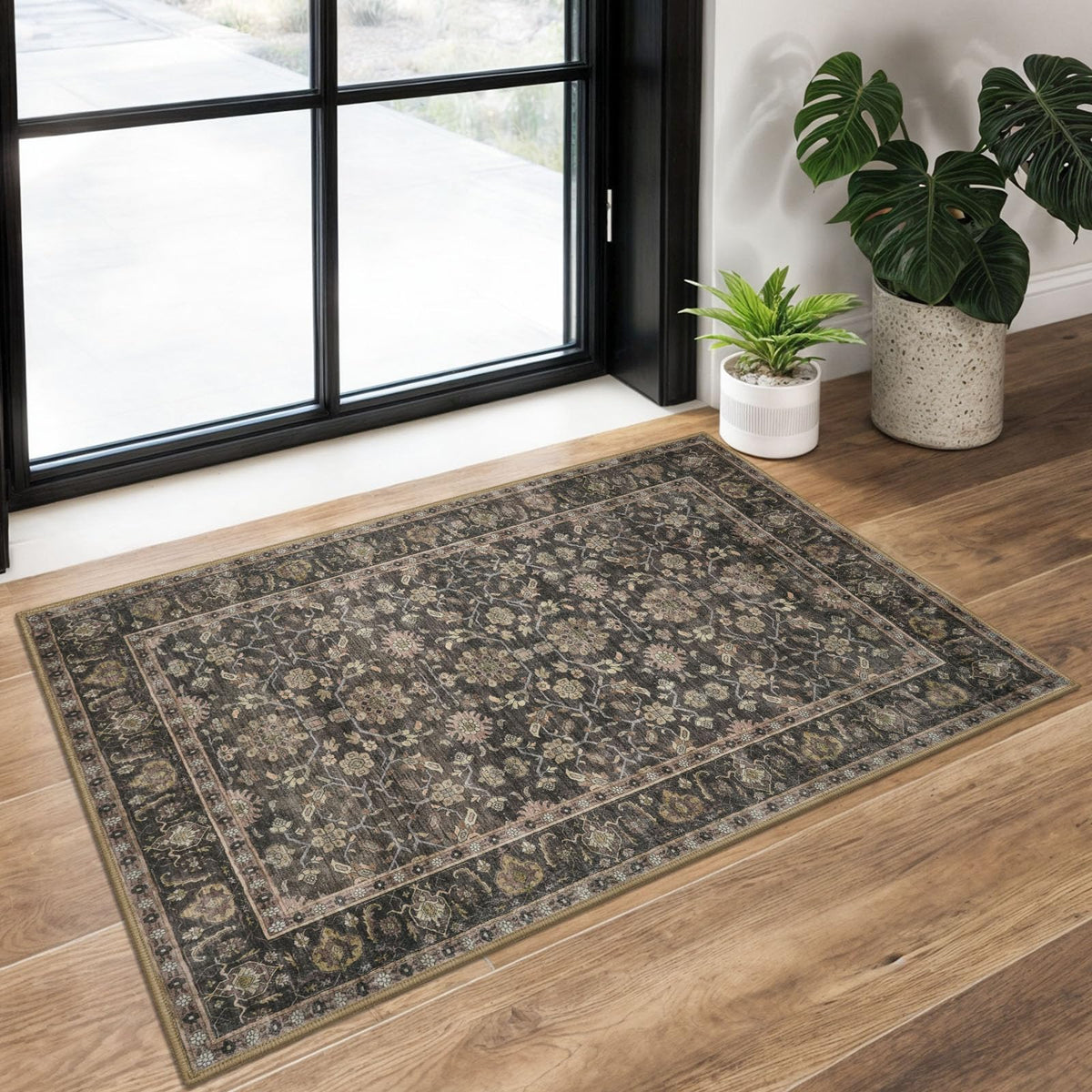 KUTA Vintage Floral Washable 2x3 Rugs for Entryway Blue Grey Beige