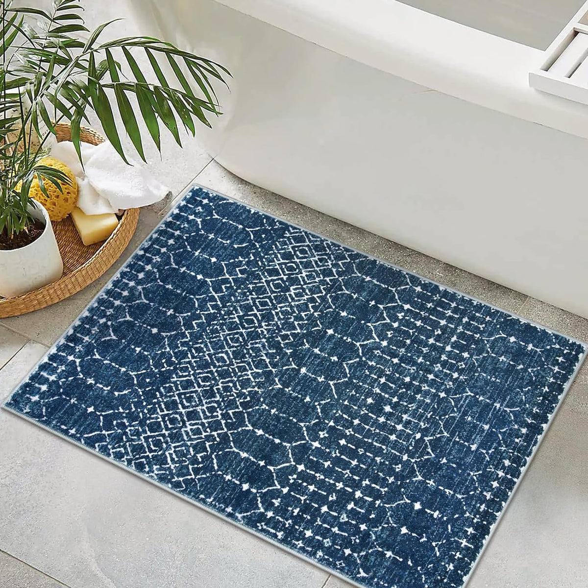 Lahome Moroccan Indoor Rugs for Entryway 2x3 Area Rug Non-Slip Backing Washable Inside Door Mats Low-Profile Throw Soft Rugs for Bathroom, Geometric Print Distressed Blue Rug for Kitchen Bedside Hana