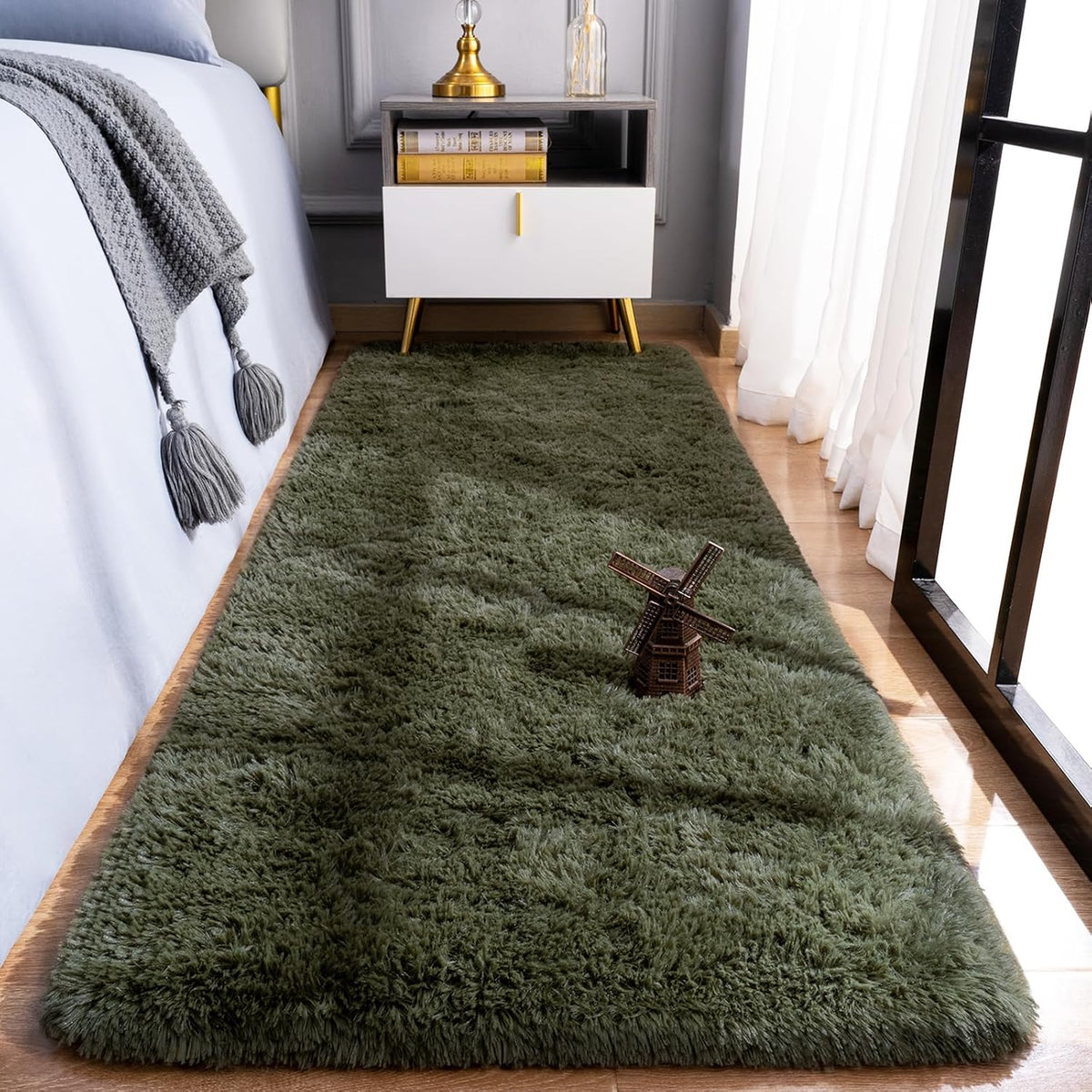 Runner Rug for Bedroom, 2x6 Soft Shag Fluffy Area Rugs for Girls Boy's Room, Plush Shaggy Carpet with Non-Slip Bottom for Living Room Dorm, Olive Green