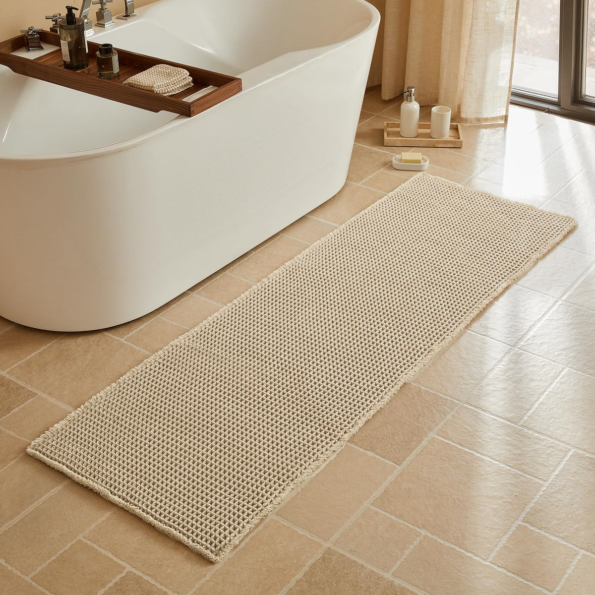Triohero Waffle Bath Mat, Small Boho Bathroom Rugs Non Slip, 16x24 Khaki