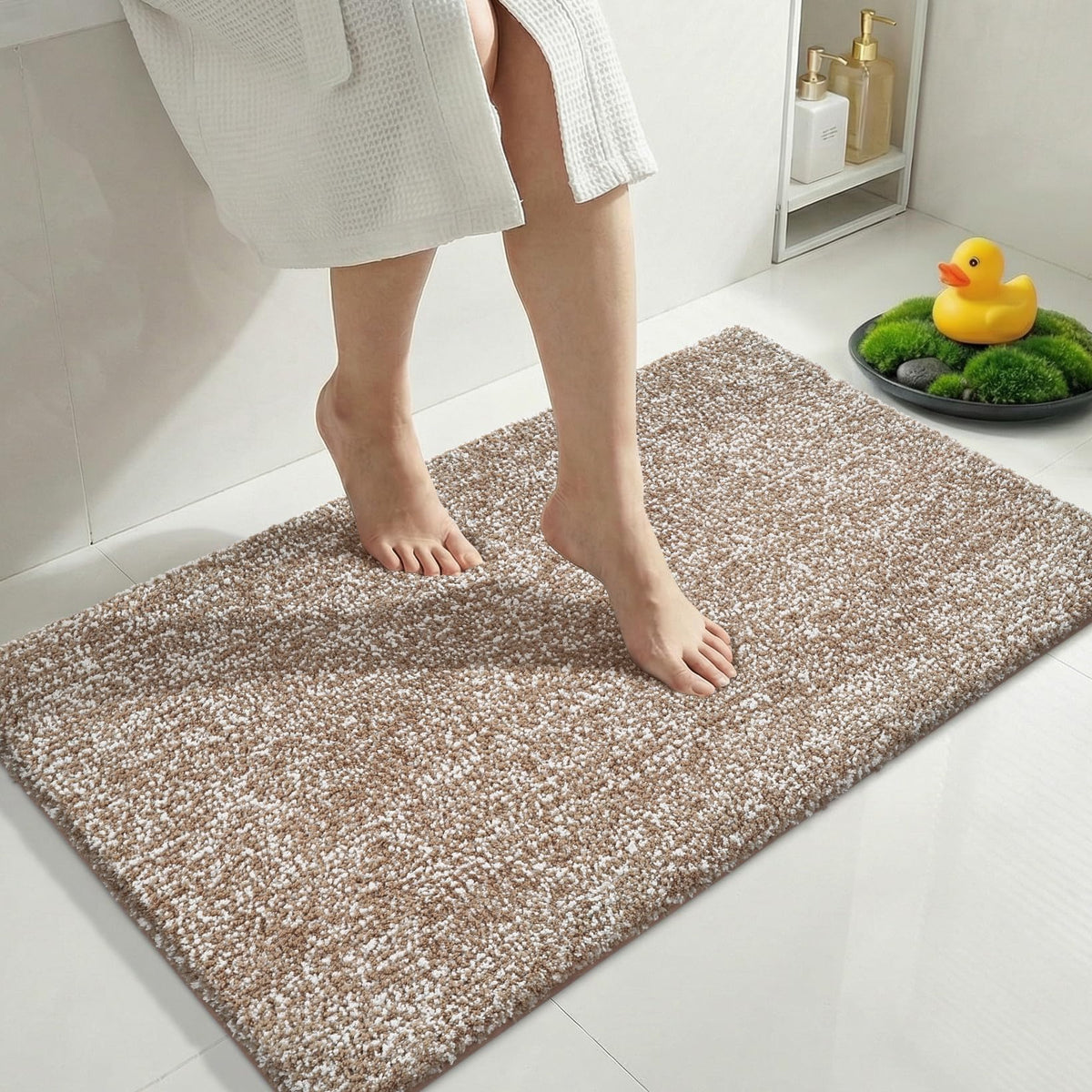 Yimobra Non Slip Machine Washable Bathroom Rug 24x17 Light Beige and White