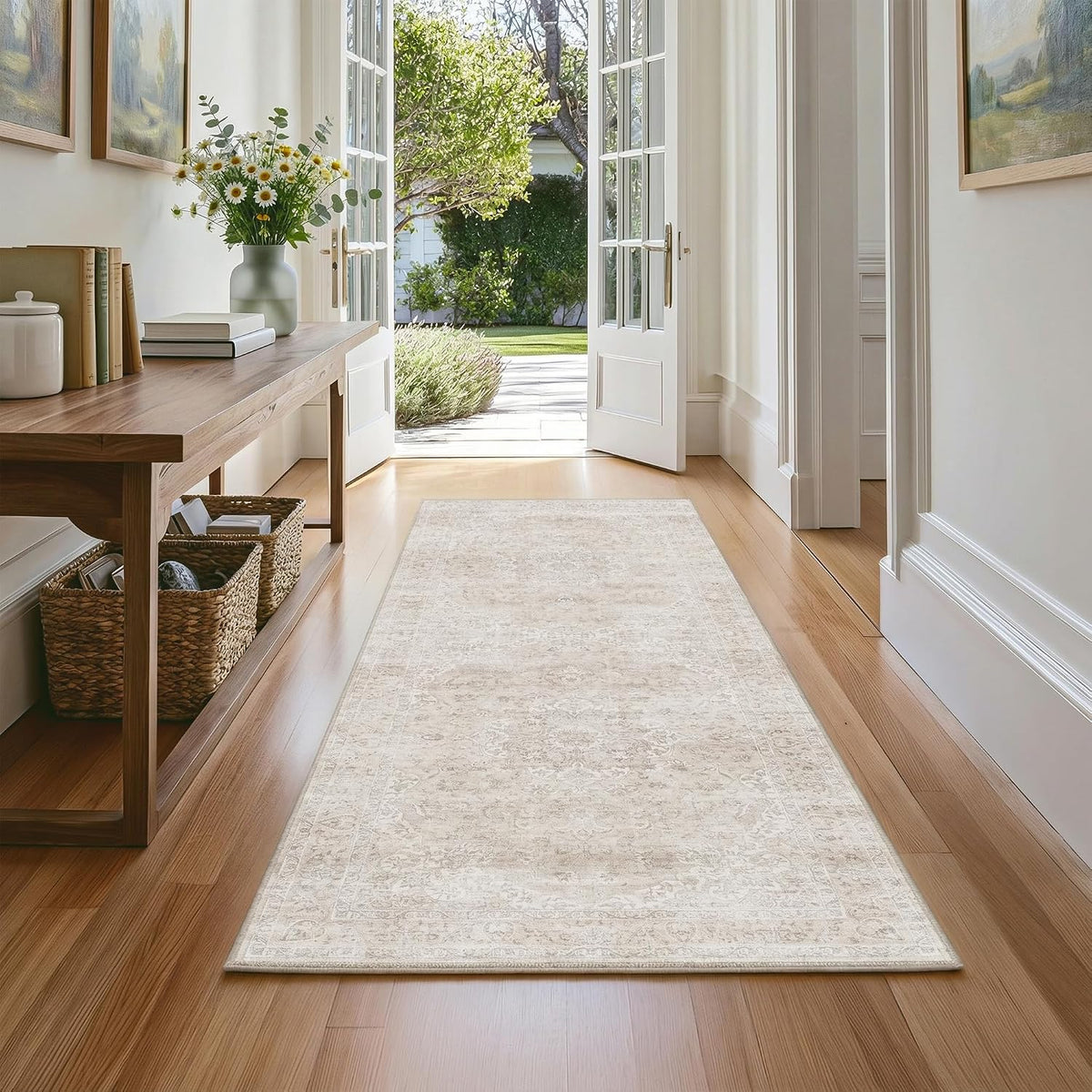 FMFUNCTEX 2x6 Hallway Runner Rug Washable Beige Neutral Vintage Distressed