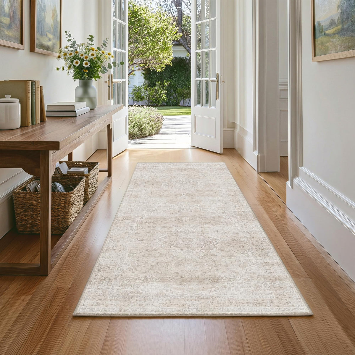 FMFUNCTEX 2x6 Hallway Runner Rug Washable Beige Neutral Vintage Distressed