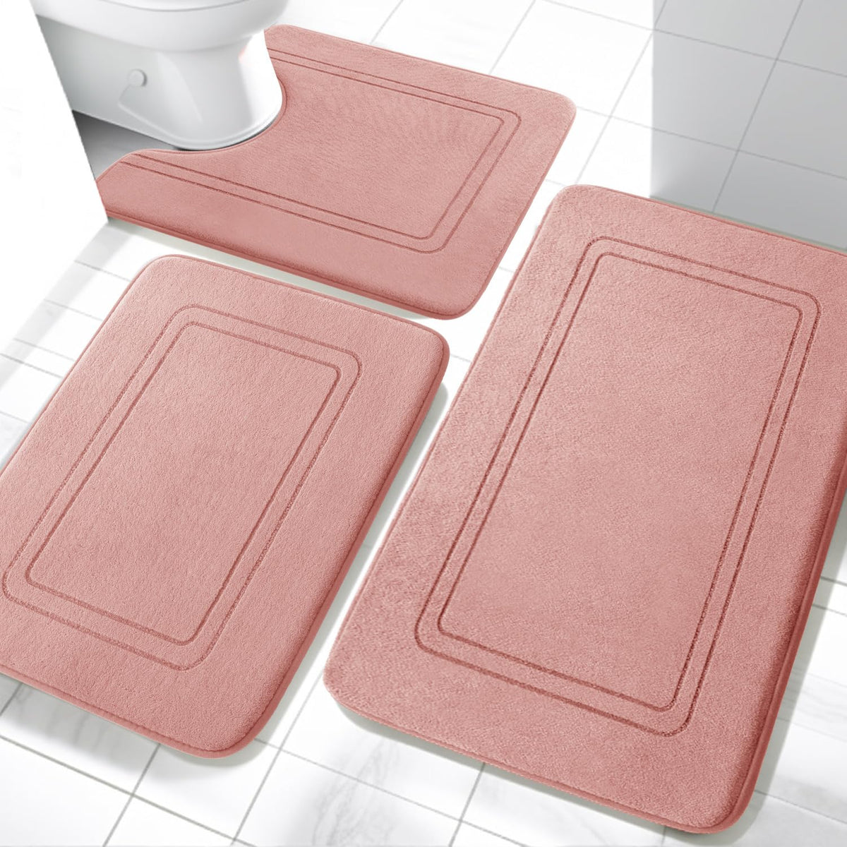 YIHOUSE Memory Foam Bath Mat Set, Non Slip Bath Mats, Super Soft and Water Absorbent, Machine Washable U Shape Toilet Mats, Dark Blue