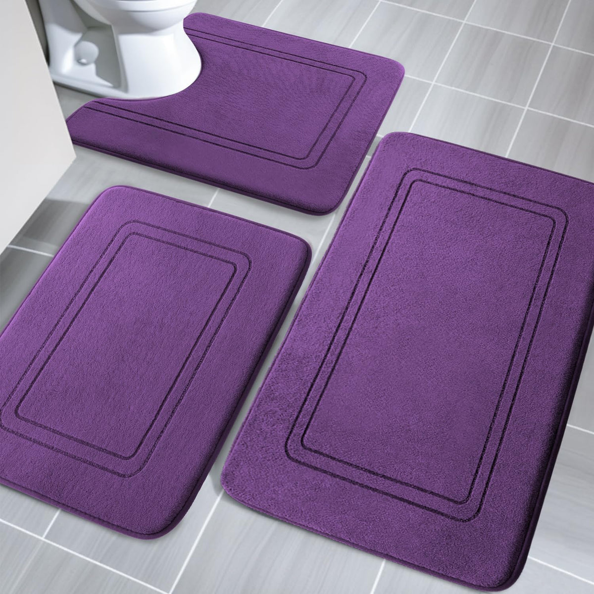 YIHOUSE Memory Foam Bath Mat Set, Non Slip Bath Mats, Super Soft and Water Absorbent, Machine Washable U Shape Toilet Mats, Dark Blue