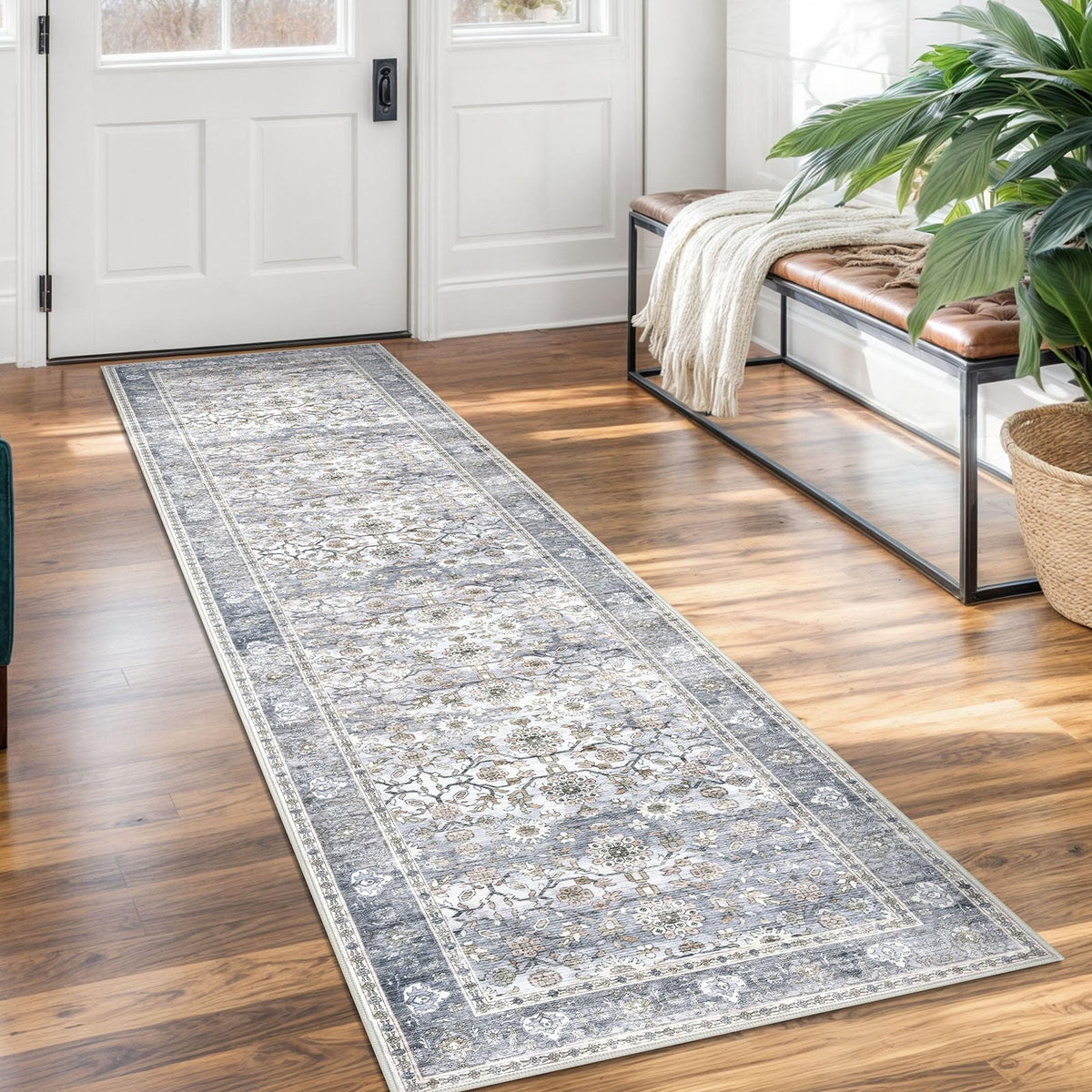KUTA Vintage Floral Washable 2x3 Rugs for Entryway Blue Grey Beige