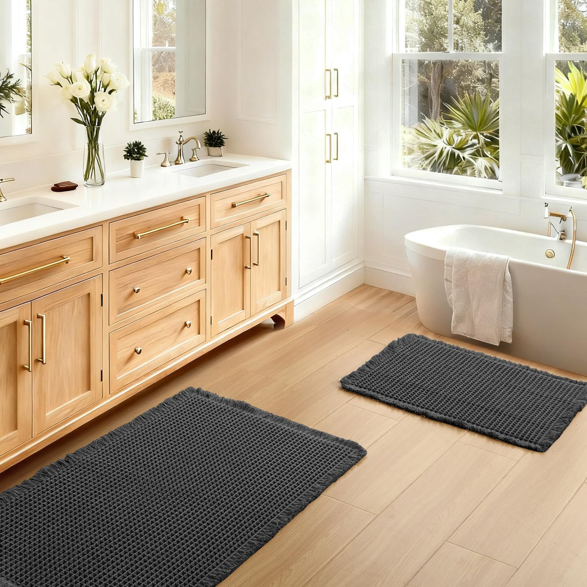 JIUZHEN Set of 2 Waffle Bath Mats Boho Bath Rugs 16"x24"+20"x32", Brown