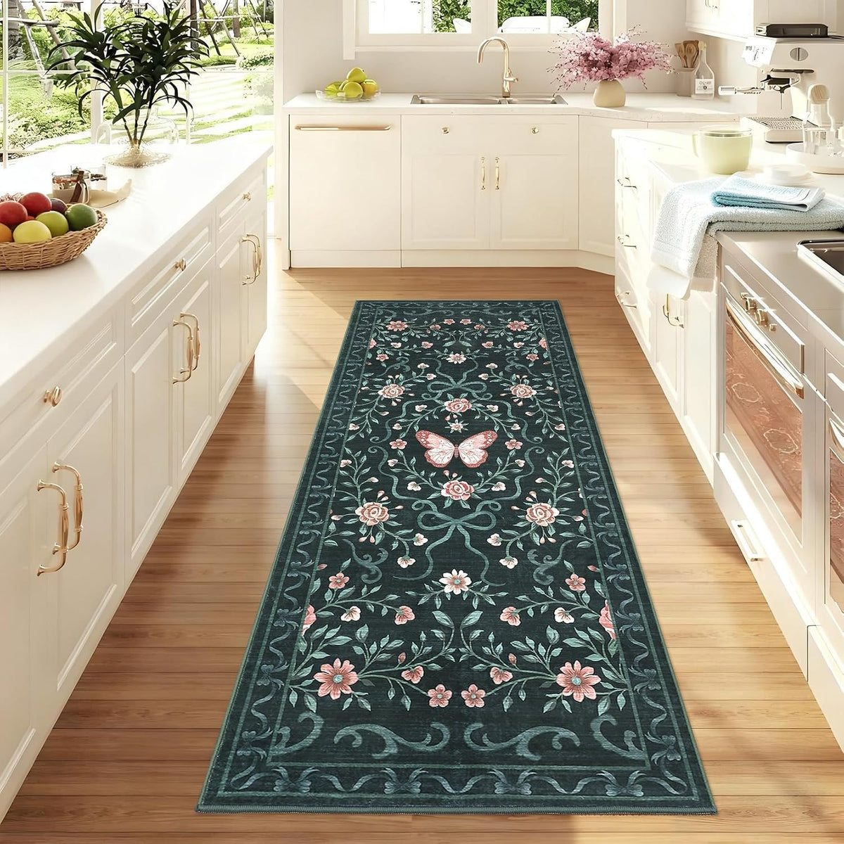 GarveeHome Floral Runner Rug Butterfly Bow Rose Bordered Carpet