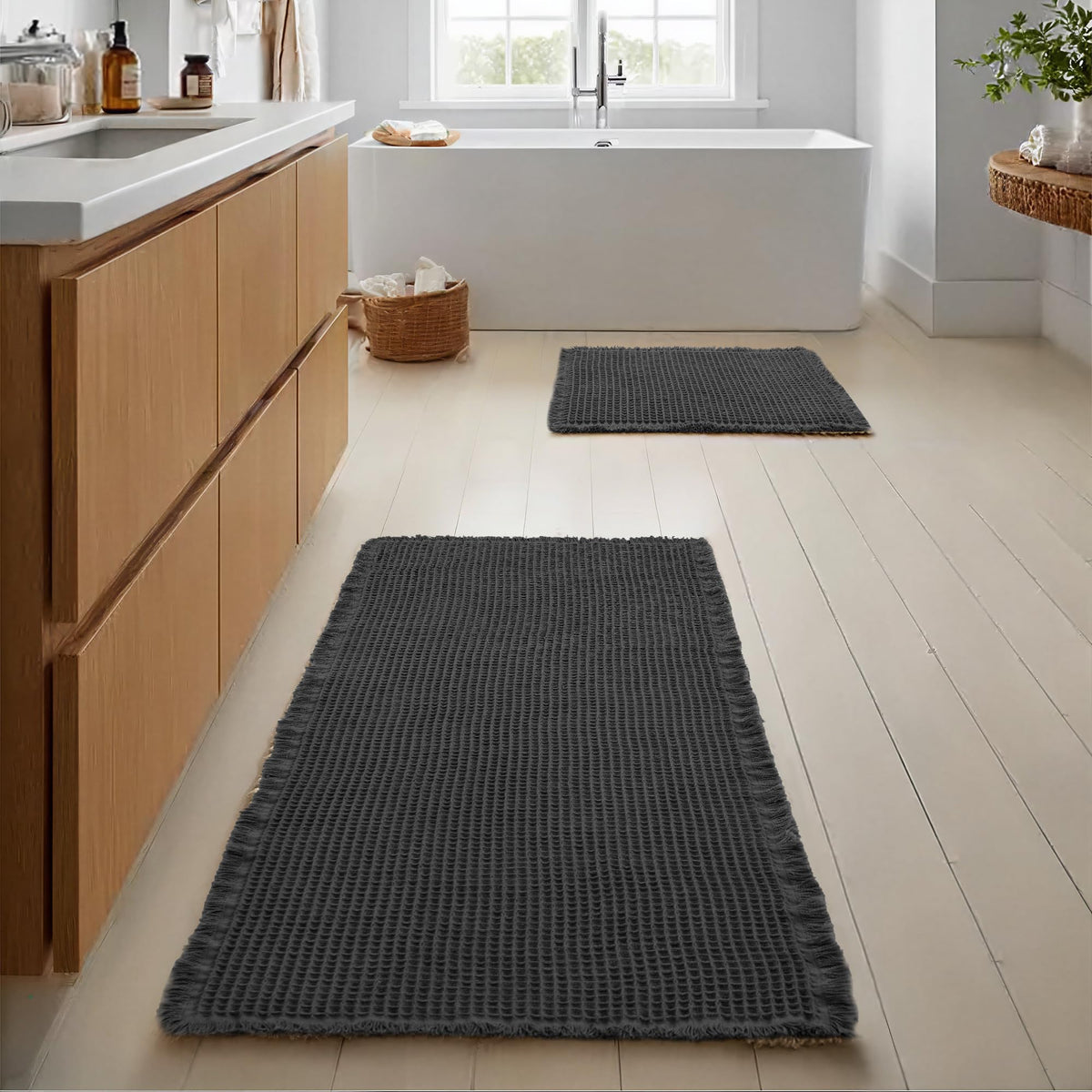 JIUZHEN Set of 2 Waffle Bath Mats Boho Bath Rugs 16"x24"+20"x32", Brown