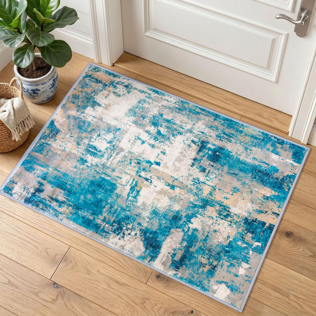 KOZYFLY Abstract Rugs for Entryway 2x3 Washable Small Area Rug Grey-Blue