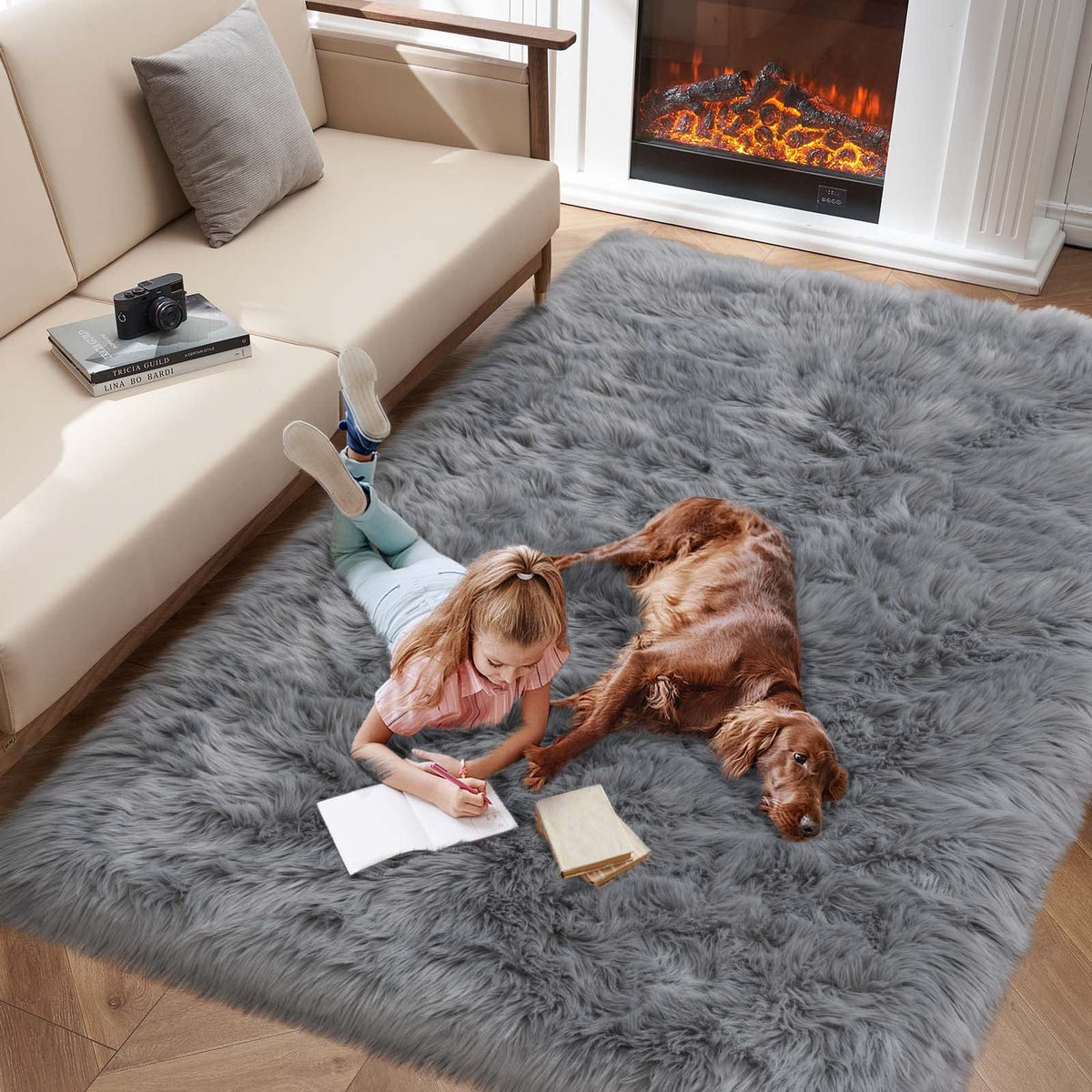 Tangsoo 2x6 Beige Faux Fur Rug,Soft Sheepskin Fluffy Runner Rug for Bedroom