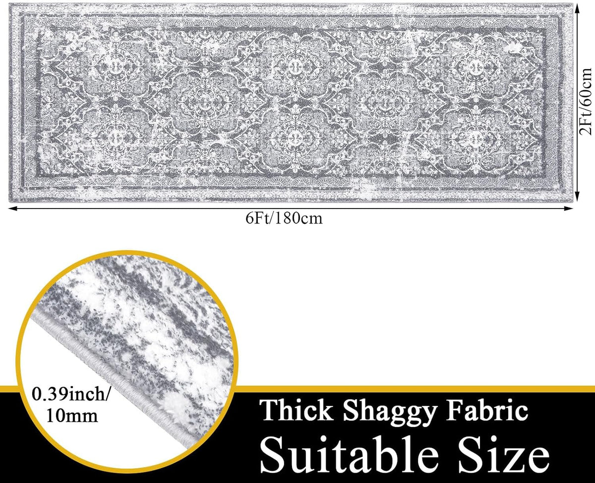 Vaukki Hallway Runner 2x6 ft, Grey Vintage Shaggy Soft Kitchen Rug