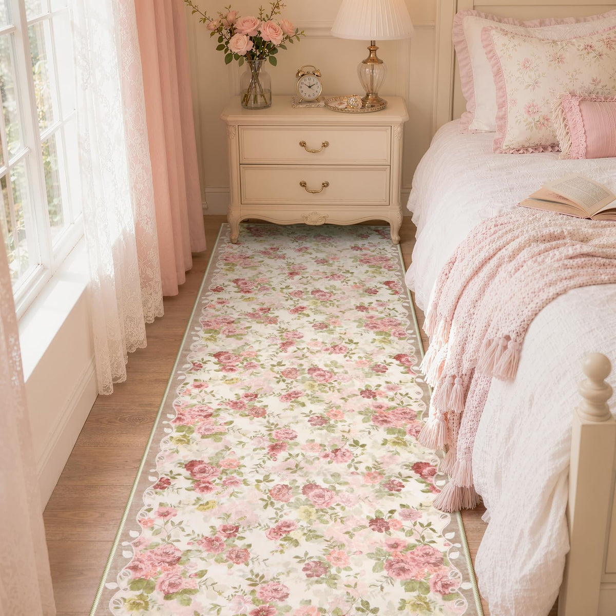 Lahome Floral Pink Bathroom Rug Runners for Hallways Non Slip 2x6