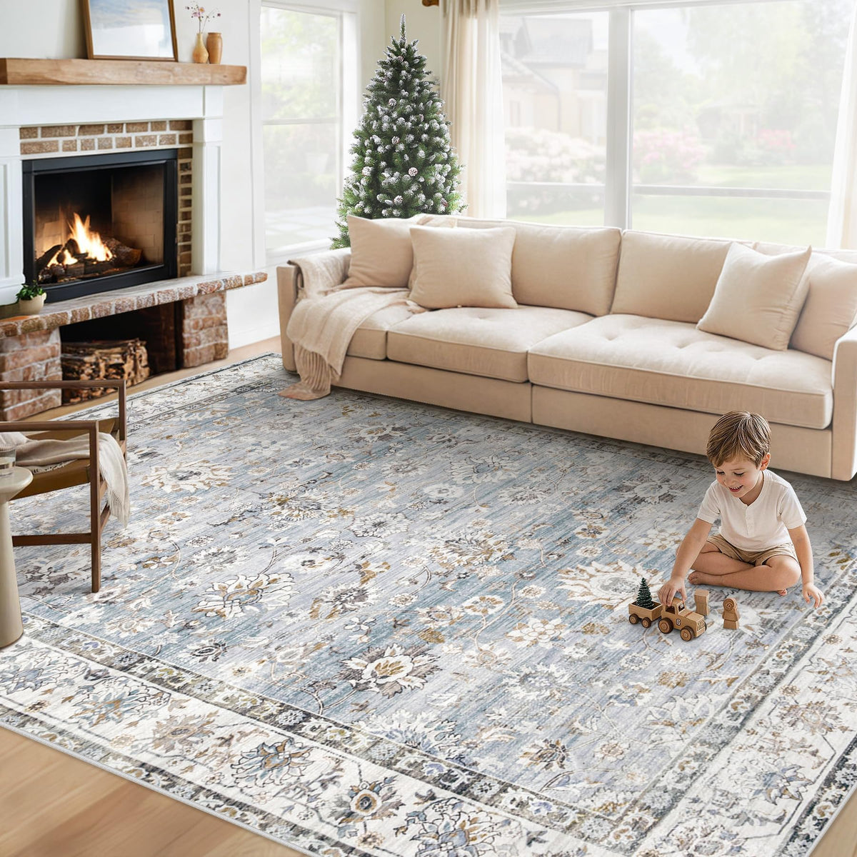 XLUEZ Area Rug 8x10 Living Room Rug, Machine Washable Vintage Distressed Medallion Rug Non-Slip Soft Low Pile Large Indoor Rugs for Bedroom Dining Room Office Children's Room (Beige,8'x10')