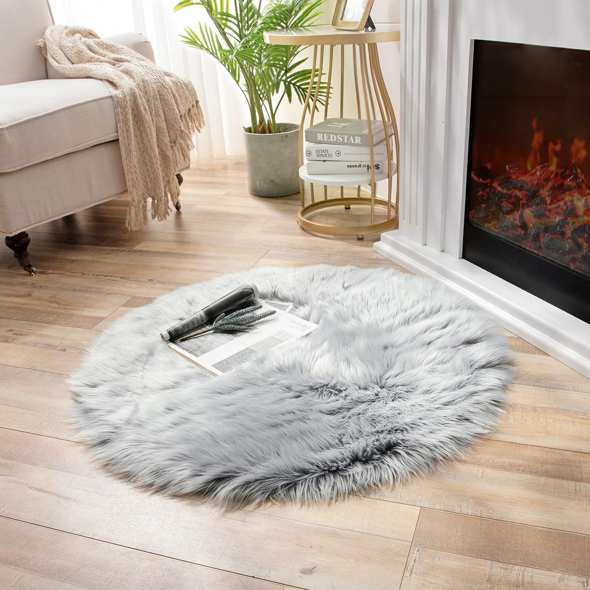 Ashler Faux Fur Rug, White, 2x3 Ft, Machine Washable