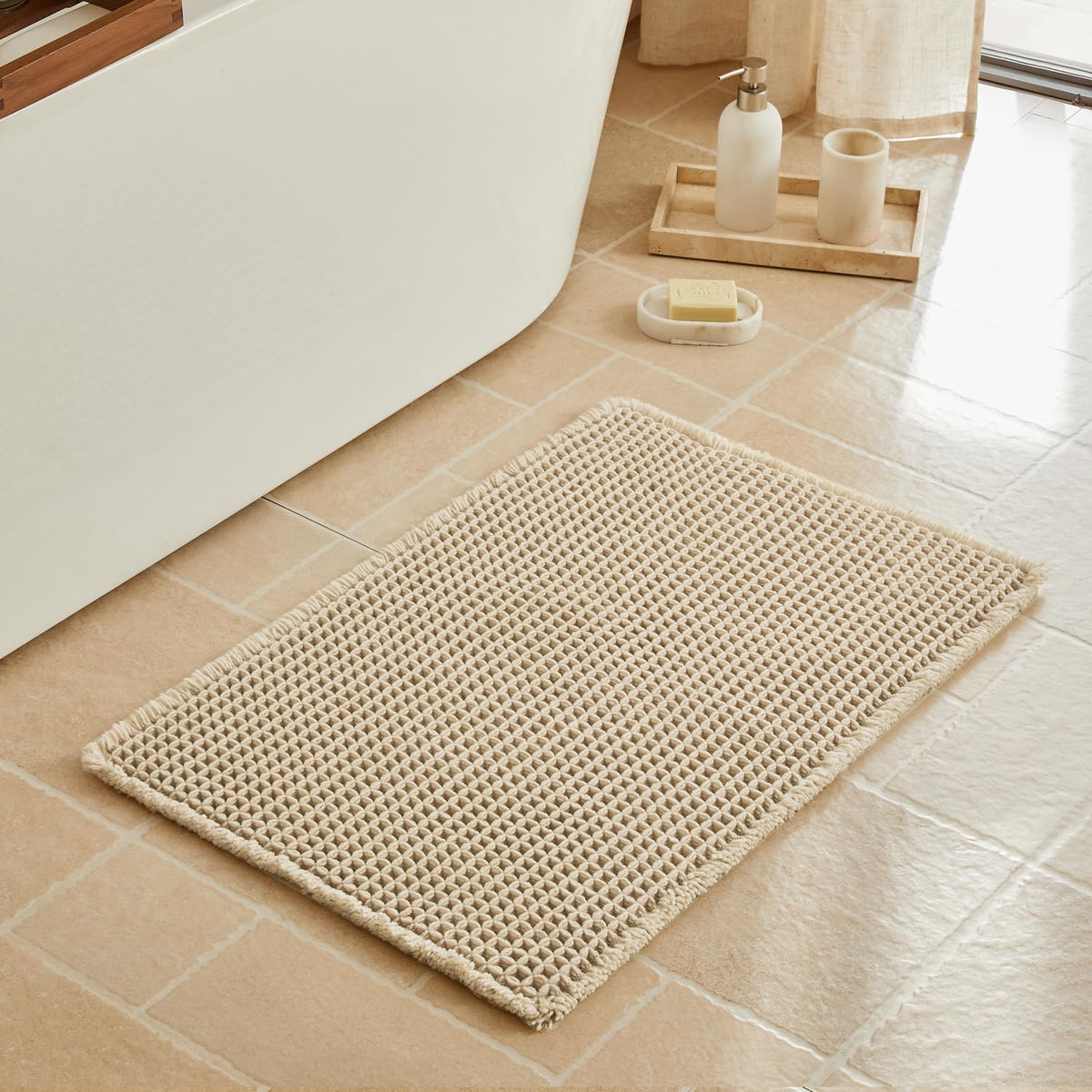 Triohero Waffle Bath Mat, Small Boho Bathroom Rugs Non Slip, 16x24 Khaki